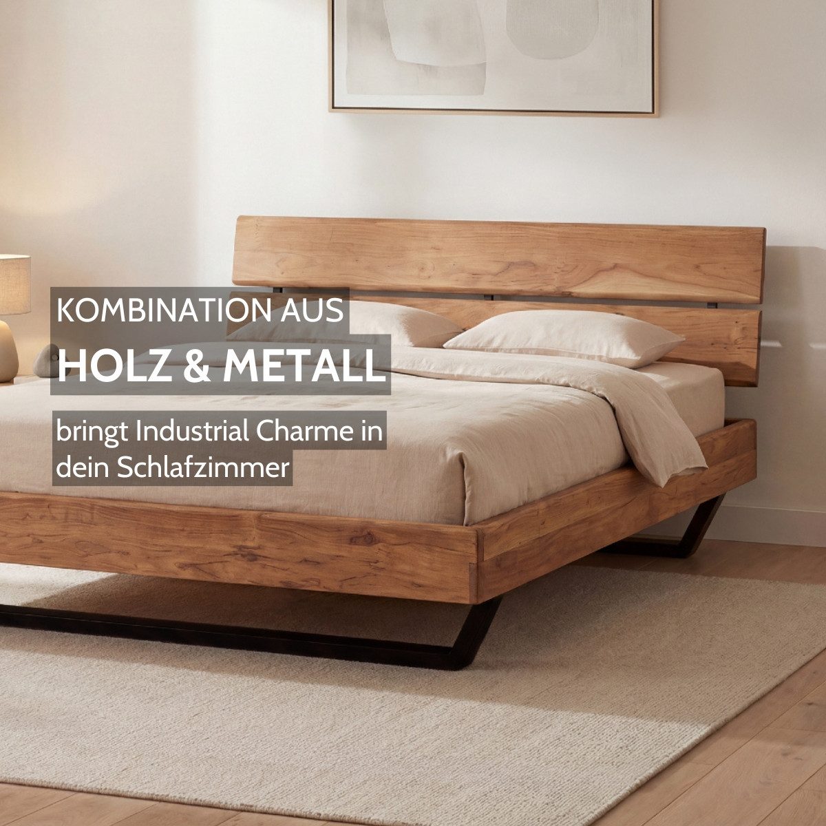Liadomo Bettgestell Bologna, Bett, Doppelbett, Massive Eiche oder Akazie (Liegefläche 140 x 200; 160 x 200; 180 x 200 cm), Holzkopfteil, Industrial-Look, mit Metallkufen schwarz