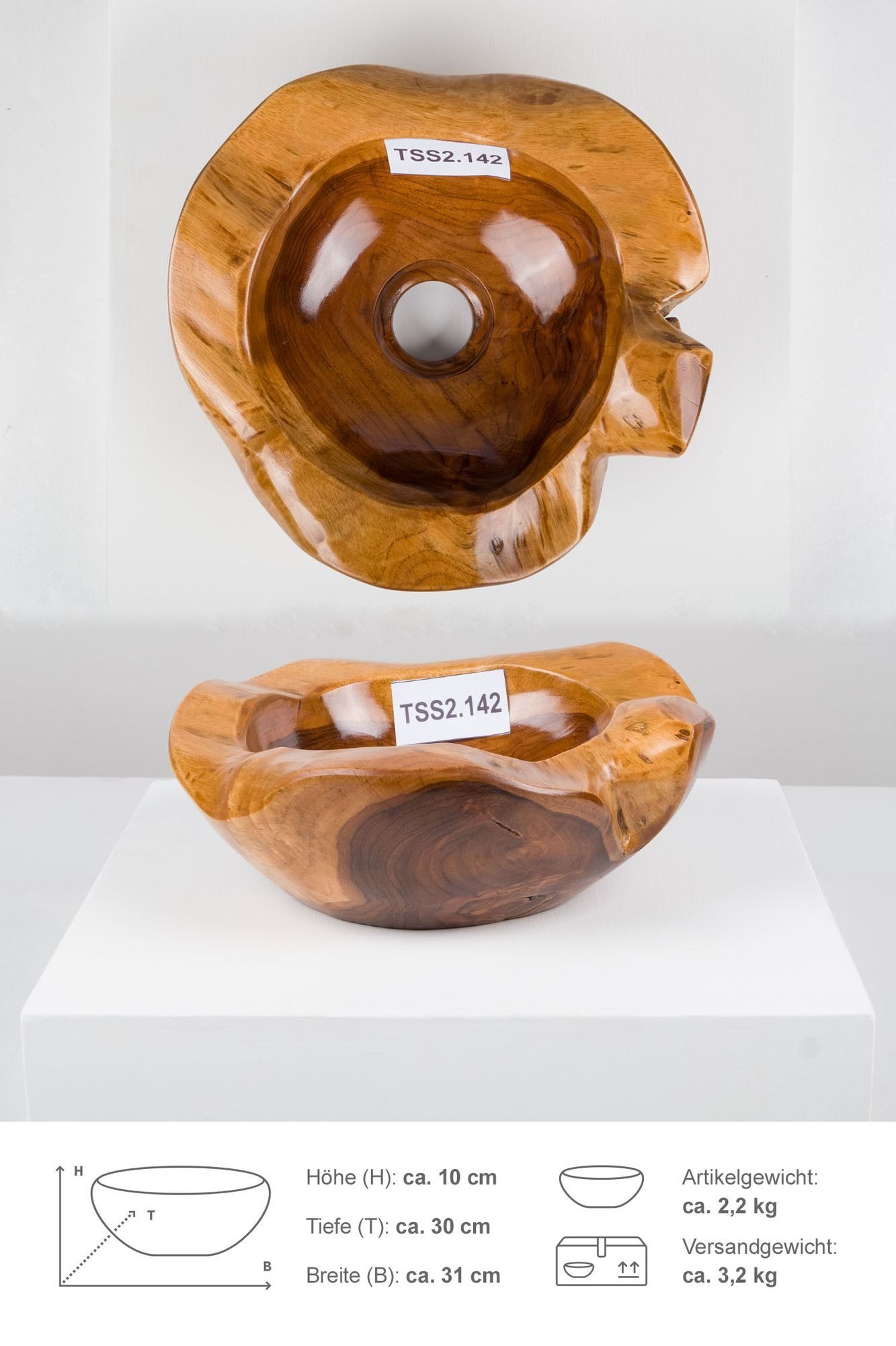 wohnfreuden Aufsatzwaschbecken Teakholz Waschbecken 30 cm braun rund (Kein Set), 39791_TSS2.142