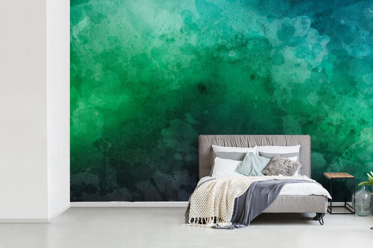 Grün, Wohnzimmer, MuchoWow Wallpaper (6 Tapete Matt, Blau Schlafzimmer, Kinderzimmer, Fototapete Vinyl - bedruckt, für Aquarell - St),