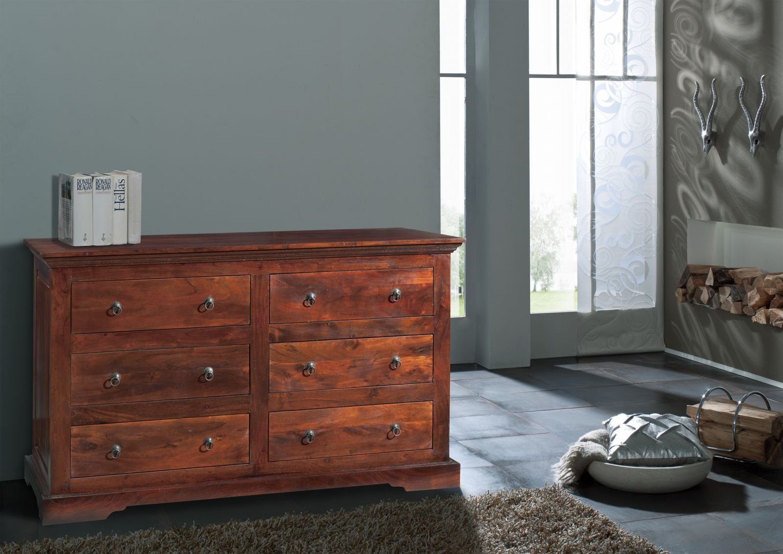 Massivmoebel24 Kommode OXFORD (Massivholz), Kommode Akazie 145x58x90 nougat lackiert OXFORD #447