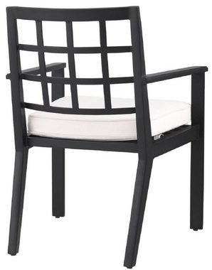 Casa Padrino Esszimmerstuhl Luxus Esszimmerstuhl mit Armlehnen Schwarz / Weiß 64,5 x 65 x H. 88,5 cm - Wetterbeständiger Aluminium Stuhl mit Sitzkissen - Garten Terrassen Stuhl - Luxus Qualität