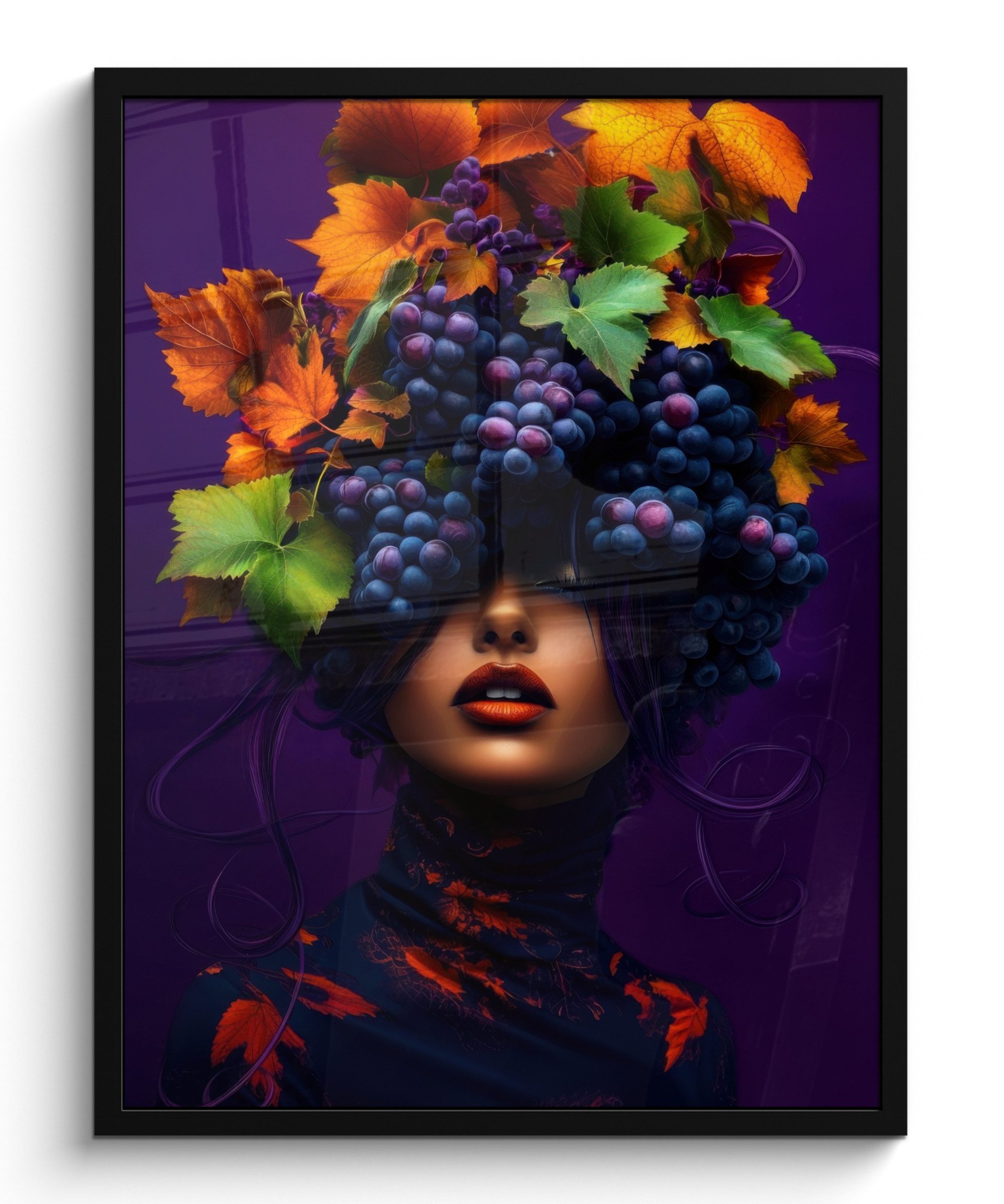 MuchoWow Poster Frau - Lila - Weintrauben, (1 St), Bilderrahmen, Poster mit Rahmen, Wohnzimmer Deko, 50x70 cm