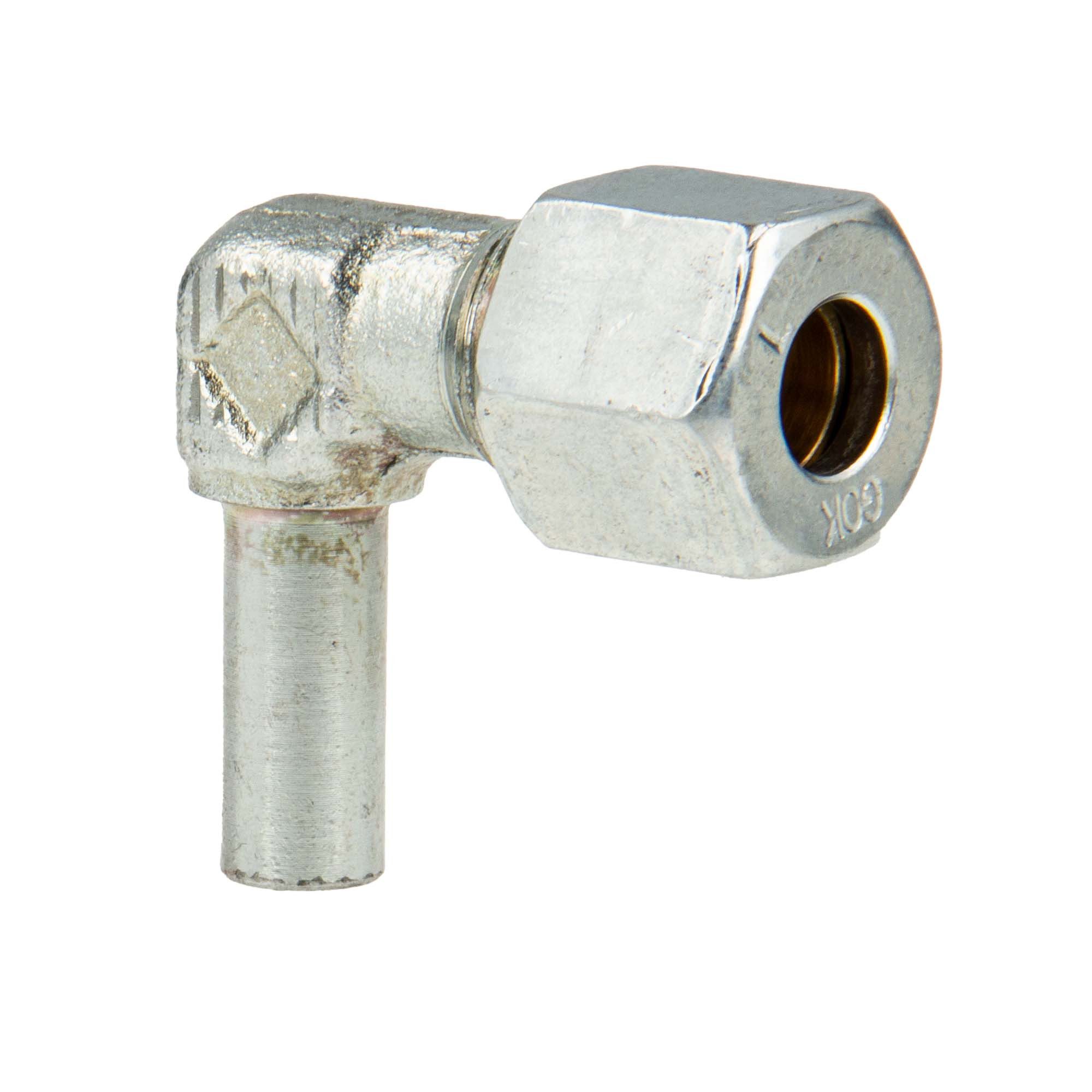 GOK Wasserrohr Schneidringverschraubung Typ EVW - 90° Winkel, Ø 15 mm Rohrstutzen x RVS Ø 15 mm Schneidring Messing