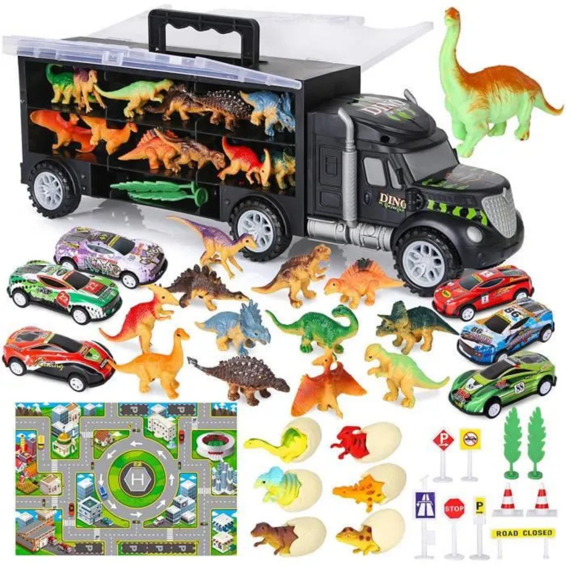 Vivitar Spielzeug-Auto Transporter Spielset 37-teilig mit Mini Autos, Dinosaurier, Spielmatte, (Kinder LKW Spielzeug mit Fahrzeugen zum …