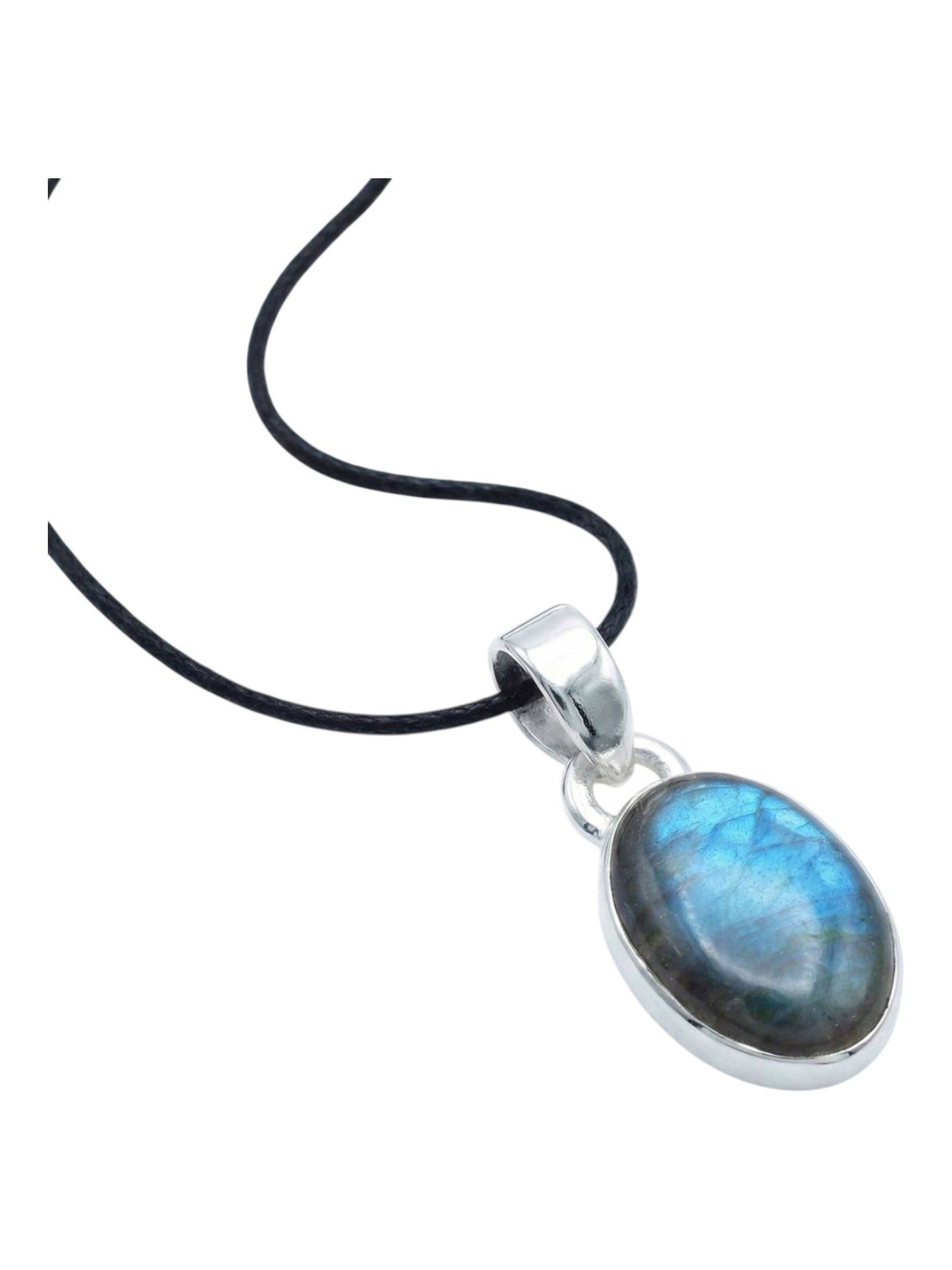 mantraroma Kettenanhänger SAMA oval aus 925 Silber mit Labradorit (Kettenanhänger am Baumwollband im Schmuckbeutel), 925 Sterling Silber Kettenanhänger für Damen