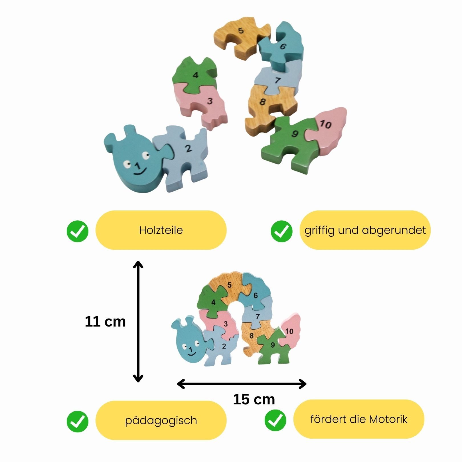 GICO Steckpuzzle Holzpuzzle Raupe pastell mit Zahlen von 1 bis 10- 3936, Puzzleteile