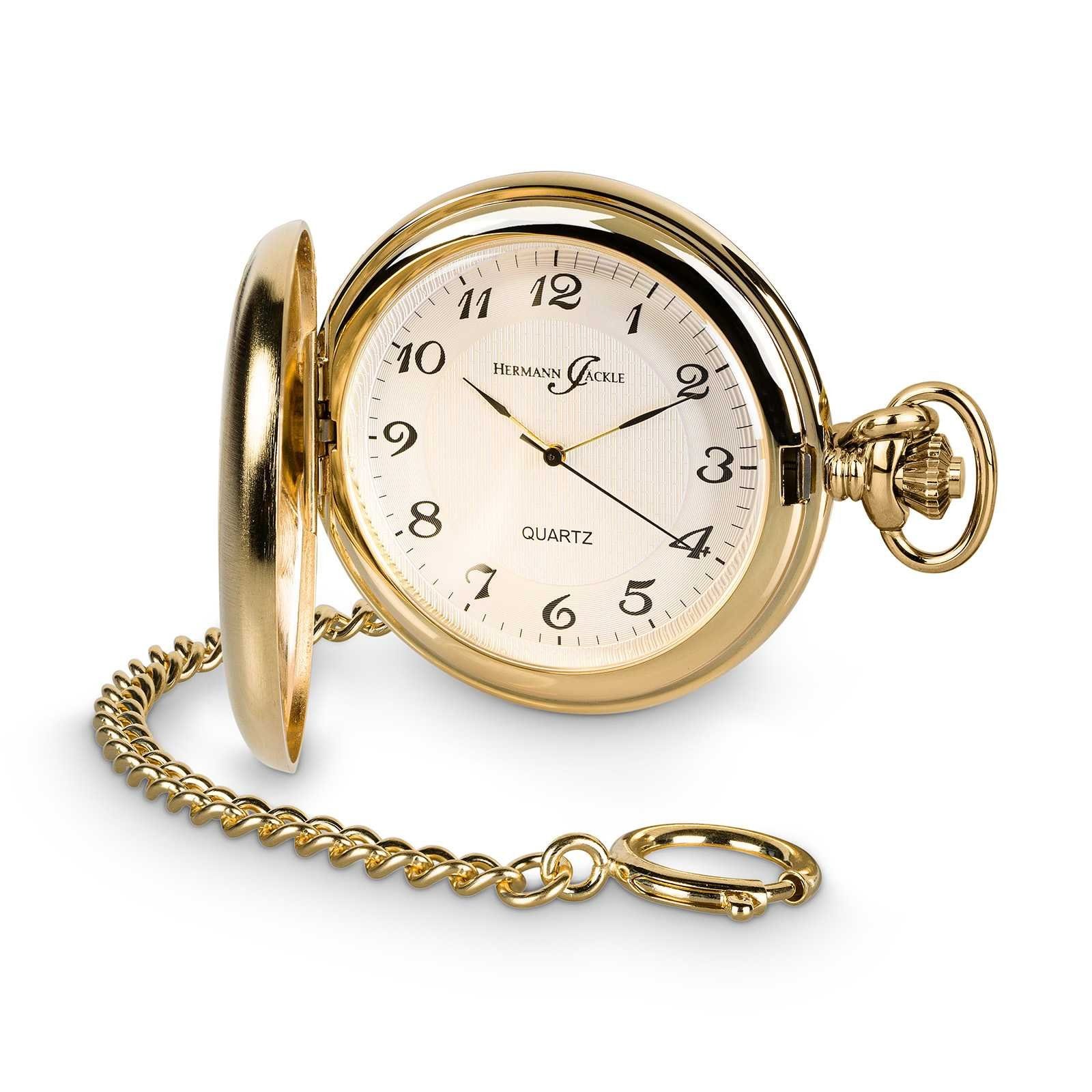 Hermann Jäckle Taschenuhr "Todtnau" Vergoldet, Quarzwerk, 50 mm, Mineralglas, inkl. Kette & Reiseetui – Edle Herrenuhr im klassischen Design