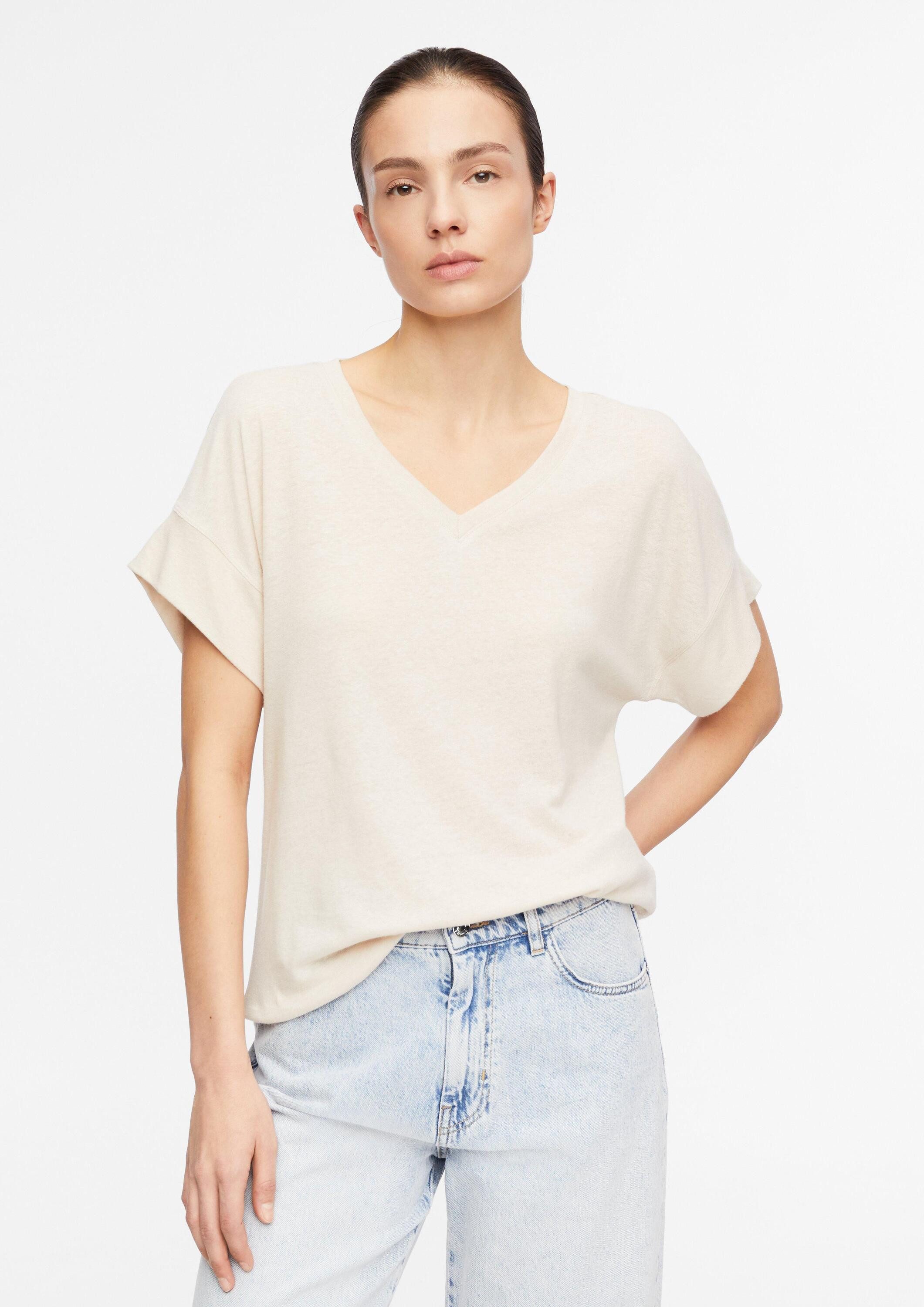 comma Kurzarmshirt T-Shirt Shirt aus Leinenmix mit V-Ausschnitt
