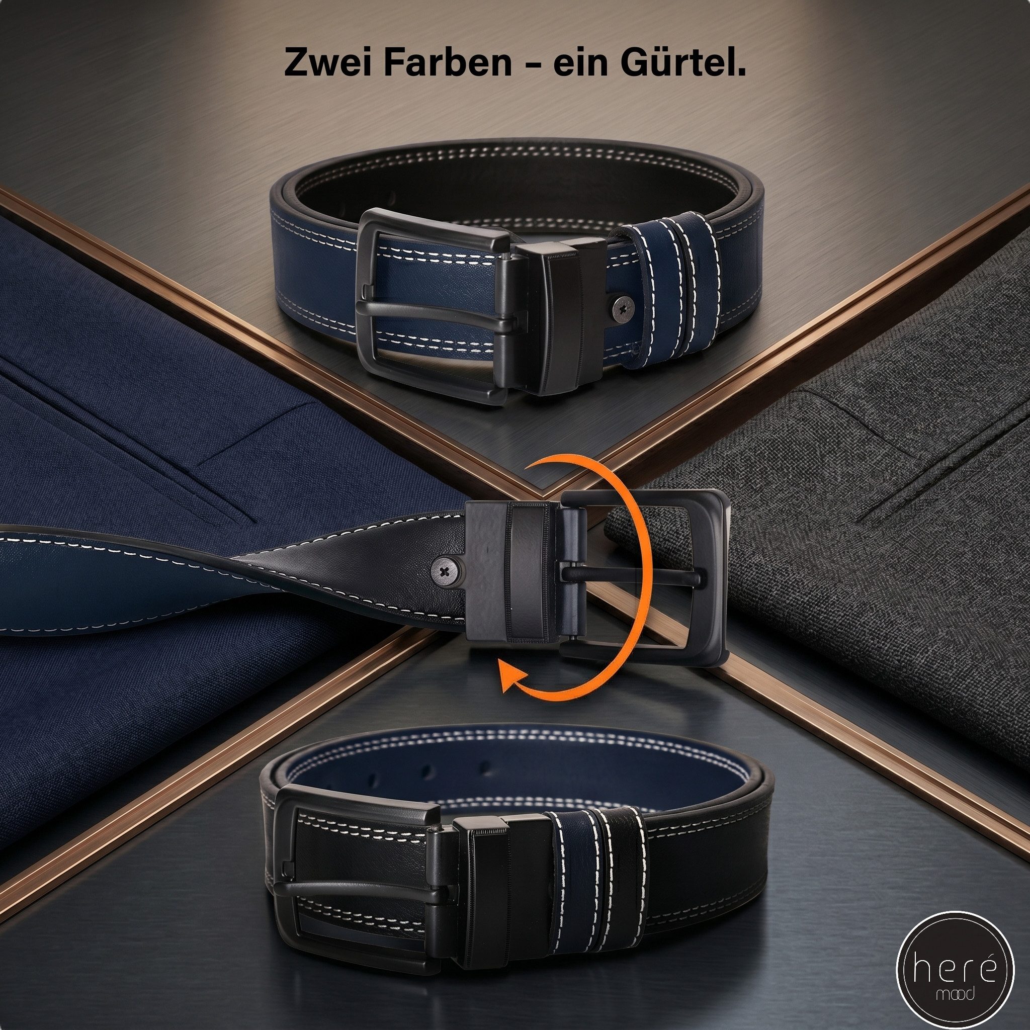 herémood Ledergürtel Herren Leder Gürtel 4cm, Ledergürtel, Herrengürtel, Vatertagsgeschenk (Gürtel Herren Blau & Schwarz 105 cm - Premium Ledergürtel - handgefe – Bild 2 von 5