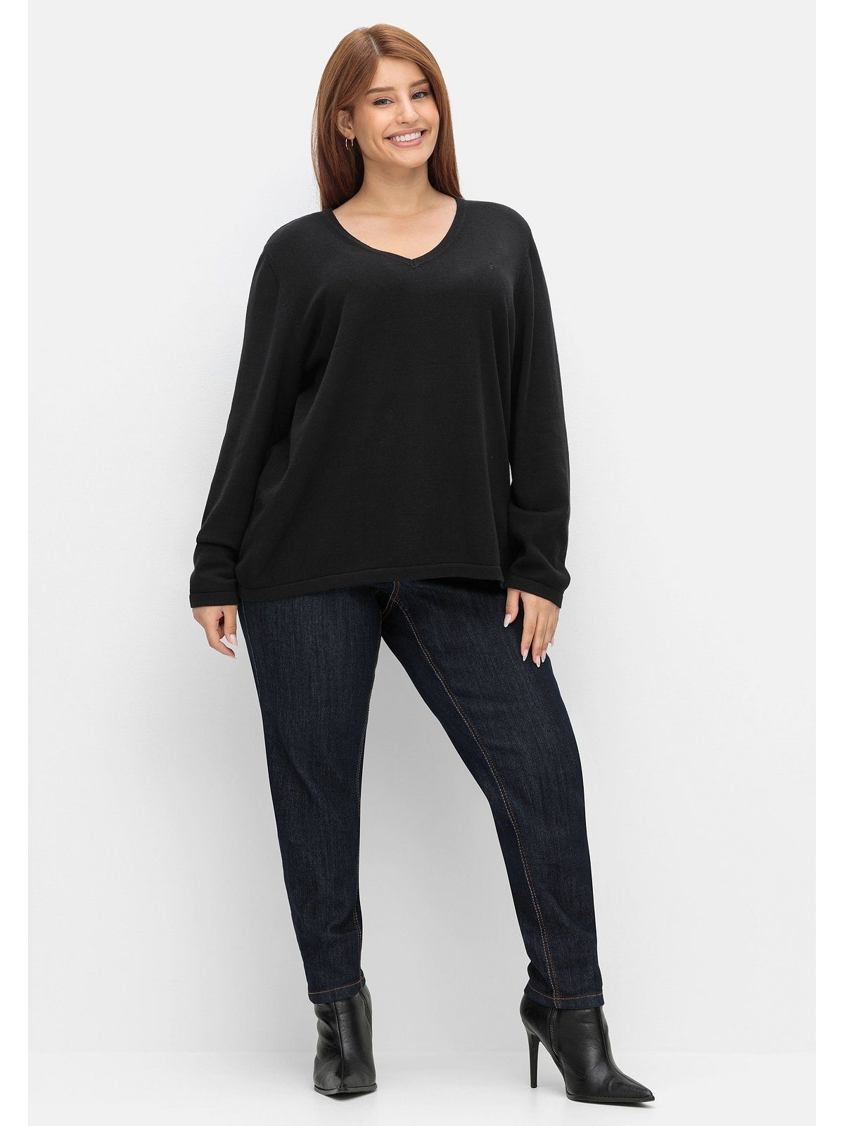 Sheego Petite V-Ausschnitt, schwarz V-Ausschnitt-Pullover in Passform Größen Große mit