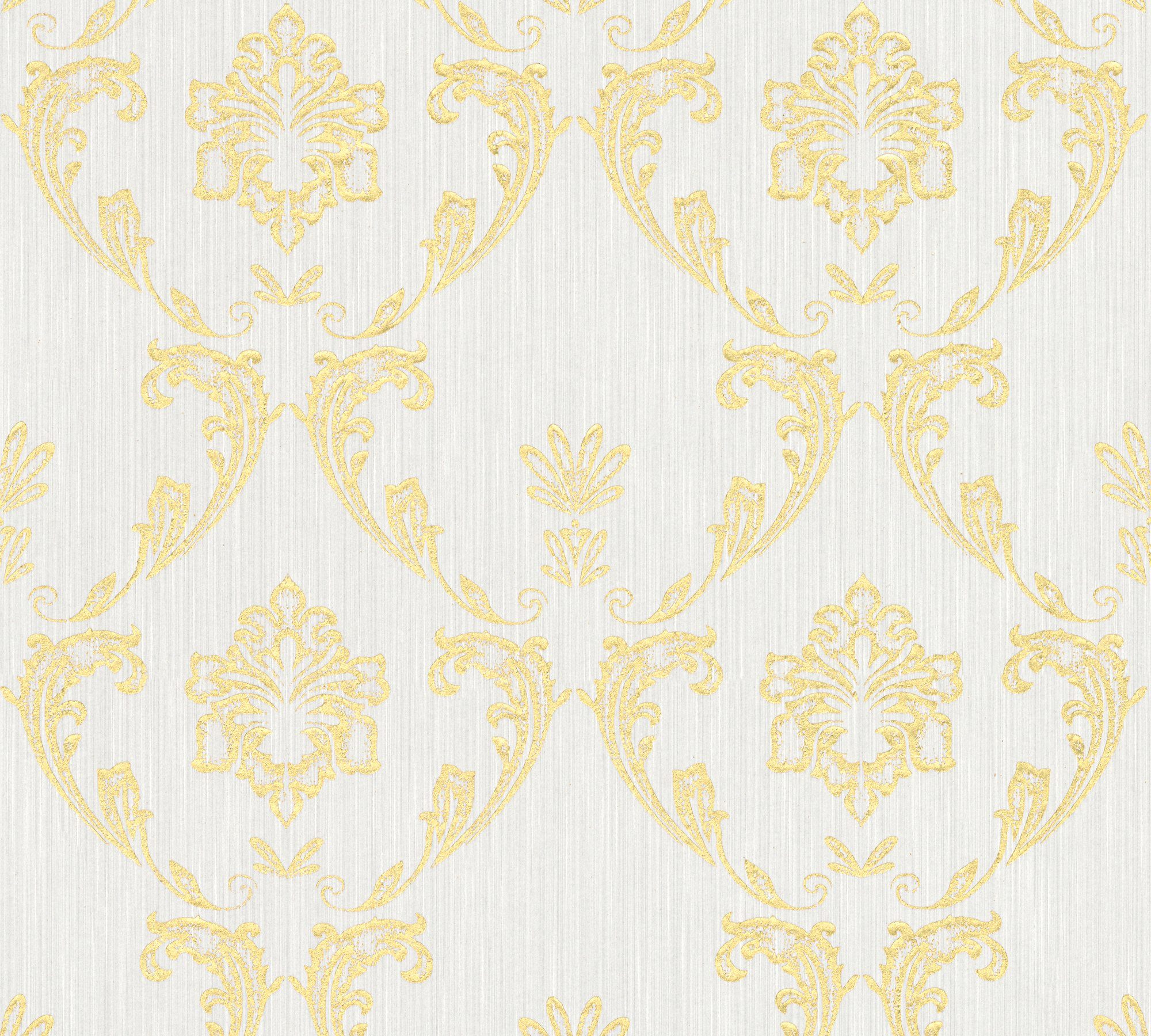 samtig, Silk, Tapete Paper Ornament A.S. gold/weiß Barock Création Metallic glänzend, Textiltapete Architects Barock, matt,