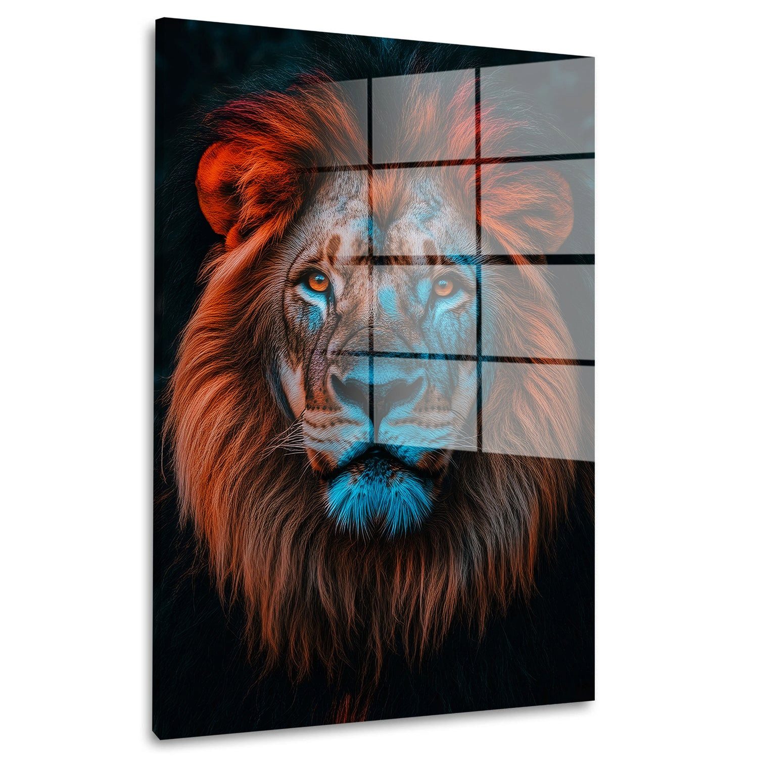 Artedinoi Acrylglasbild Löwe Porträt Acrylglasbild Wandbild Fotografie Neon Blau Orange XXL, Löwenporträt mit leuchtender Mähne