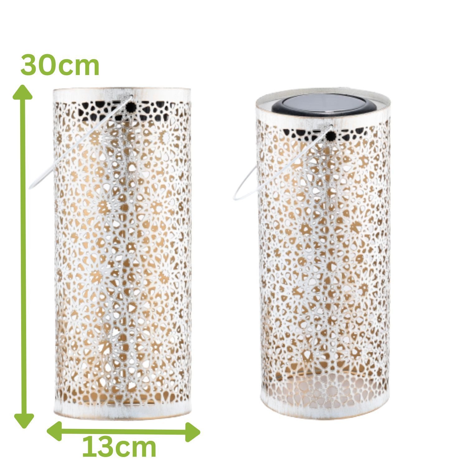 Marrakesch Orient & Mediterran Interior LED Solarleuchte Orientalische Solarlaterne Noum handgefertigt aus Metall in Weiß 30 cm, LED fest integriert, Handarbeit