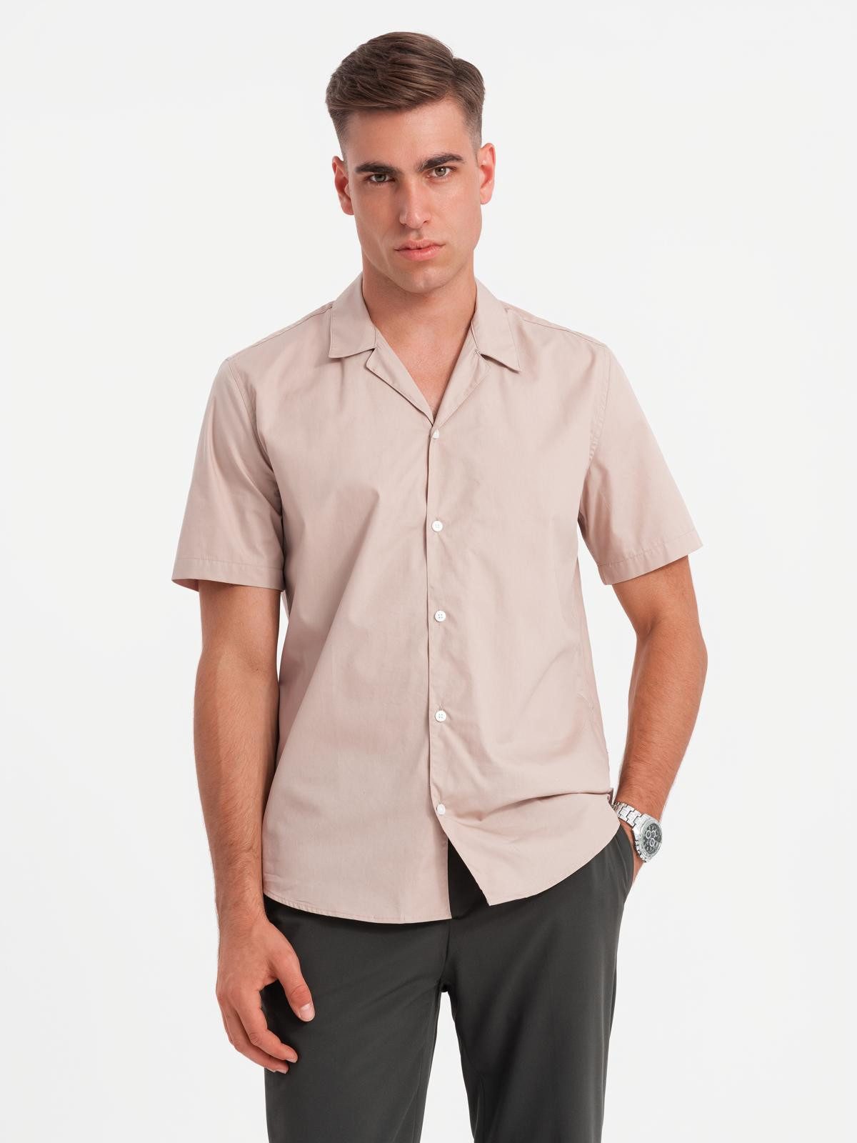 OMBRE Kurzarmhemd Herren Kurzarmhemd mit kubanischem Kragen Beige S (kein Set, 1-tlg)