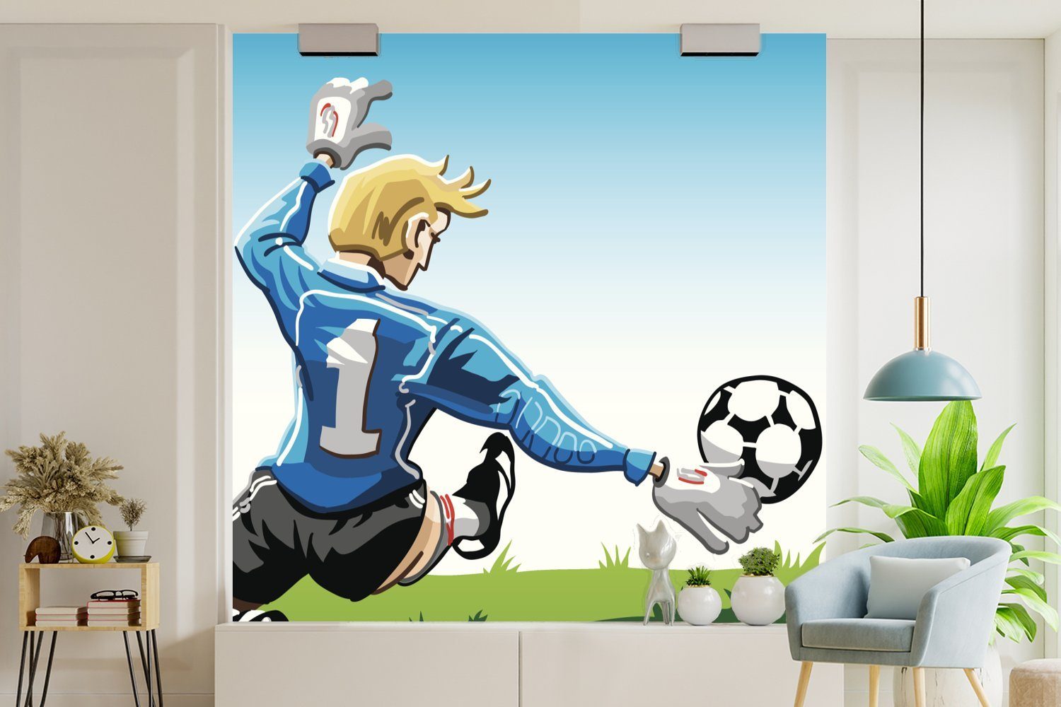 Illustration für stoppt Eine Fußball (5 MuchoWow eines den Vinyl -, bedruckt, Wohnzimmer Tapete Schlafzimmer, Wandtapete Torwarts, Fototapete oder der St), Matt, Jungen -