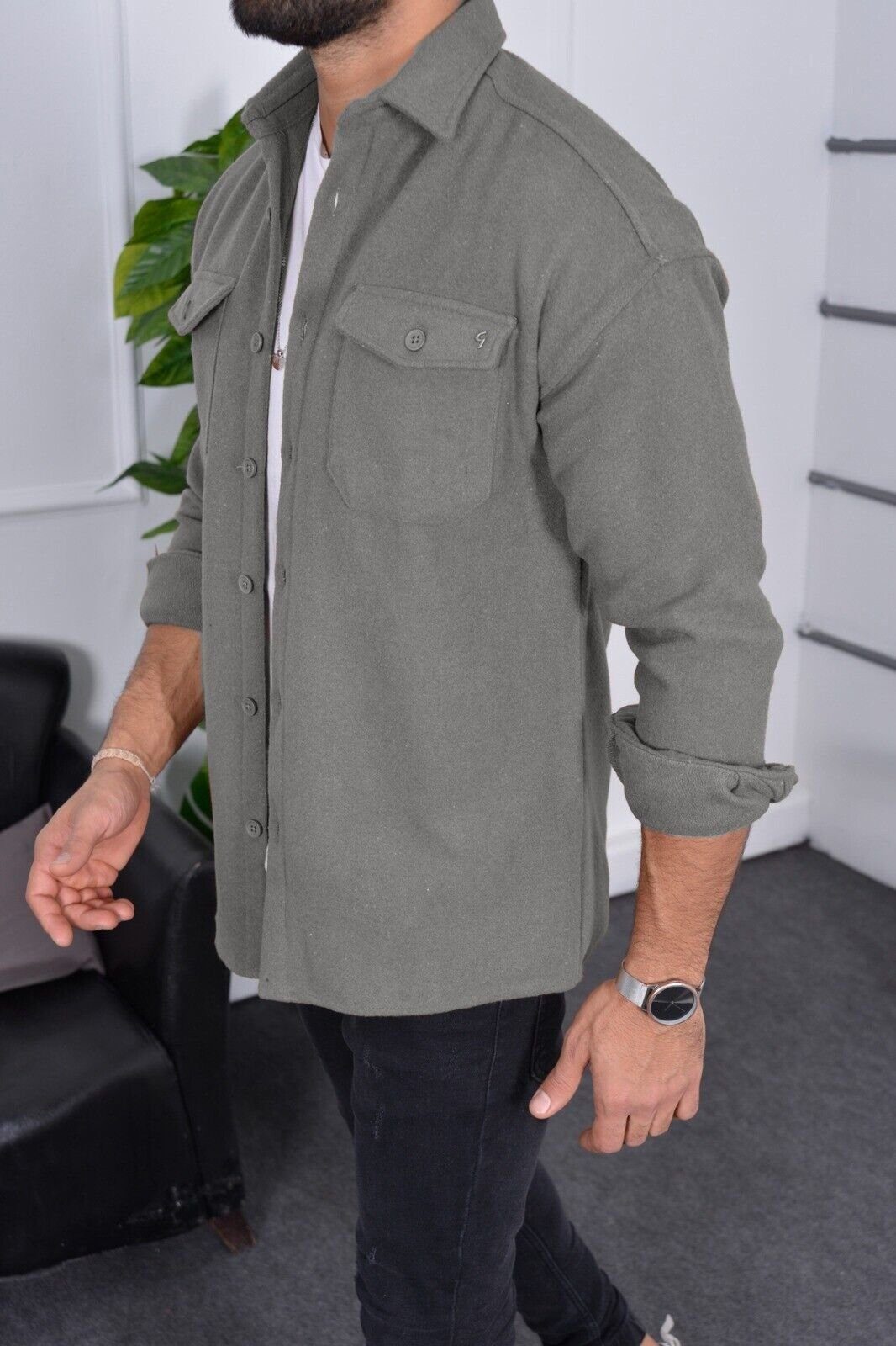 Megaman Jeans Langarmhemd Dickes Unifarben Hemdjacke Premium Freizeithemd günstig online kaufen