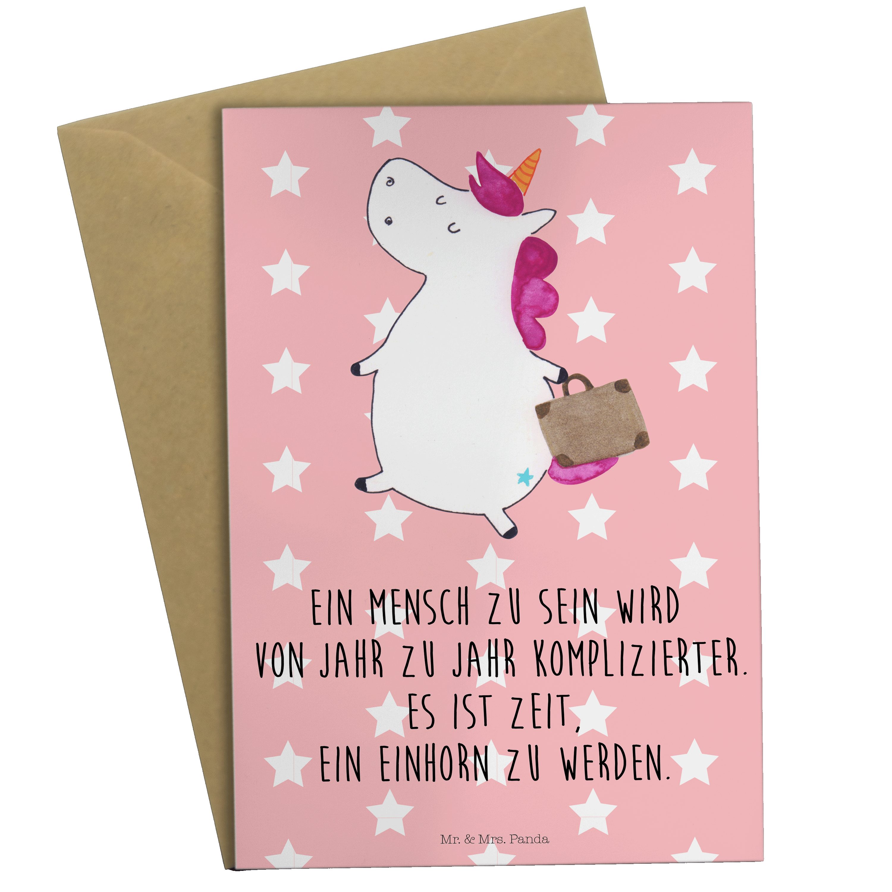 Mr. & Mrs. Panda Grußkarte Einhorn Koffer - Rot Pastell - Geschenk, Karte, Unicorn, Einhorn Deko