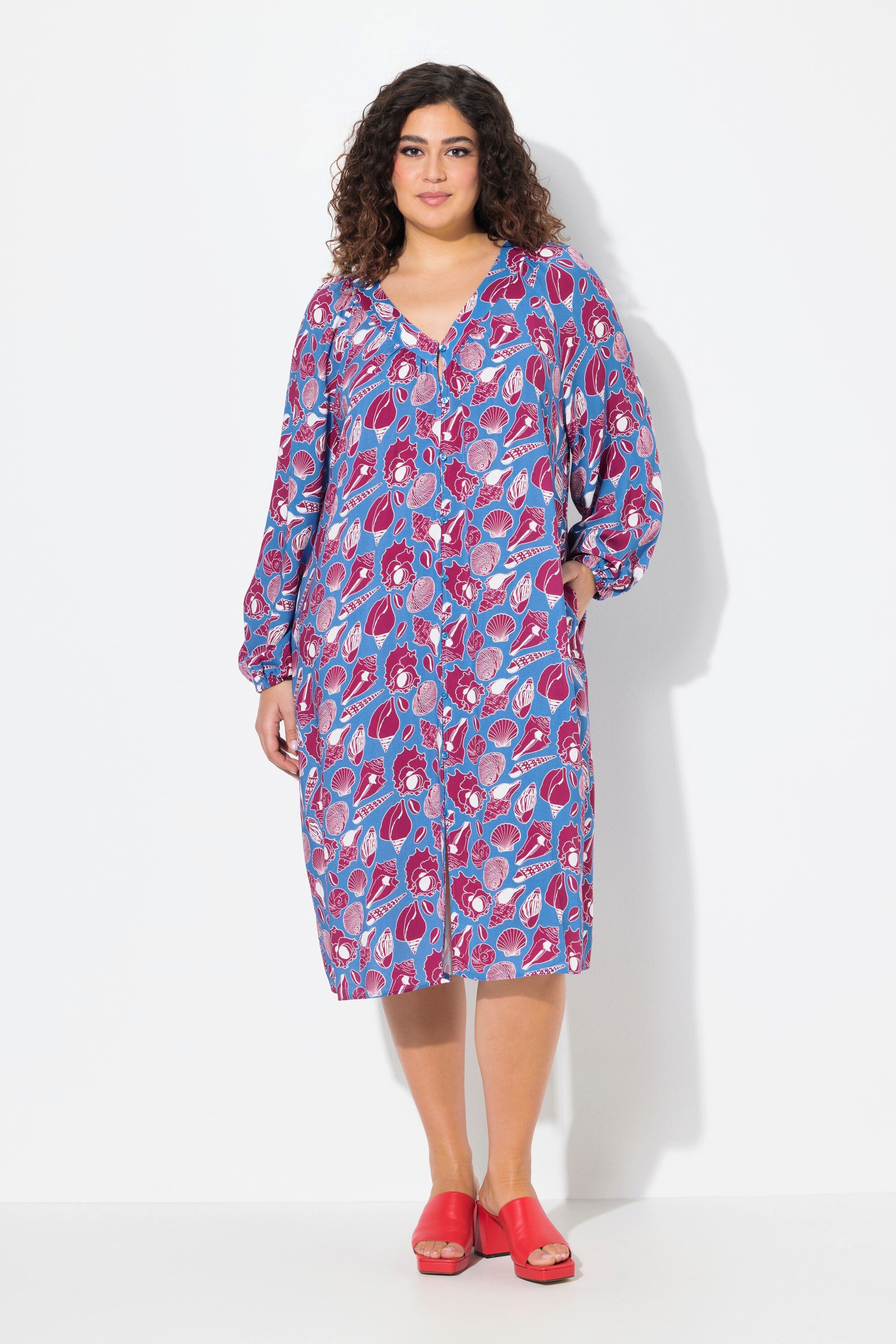 Ulla Popken Jerseykleid Midikleid Muscheln Oversized V-Ausschnitt Langarm günstig online kaufen