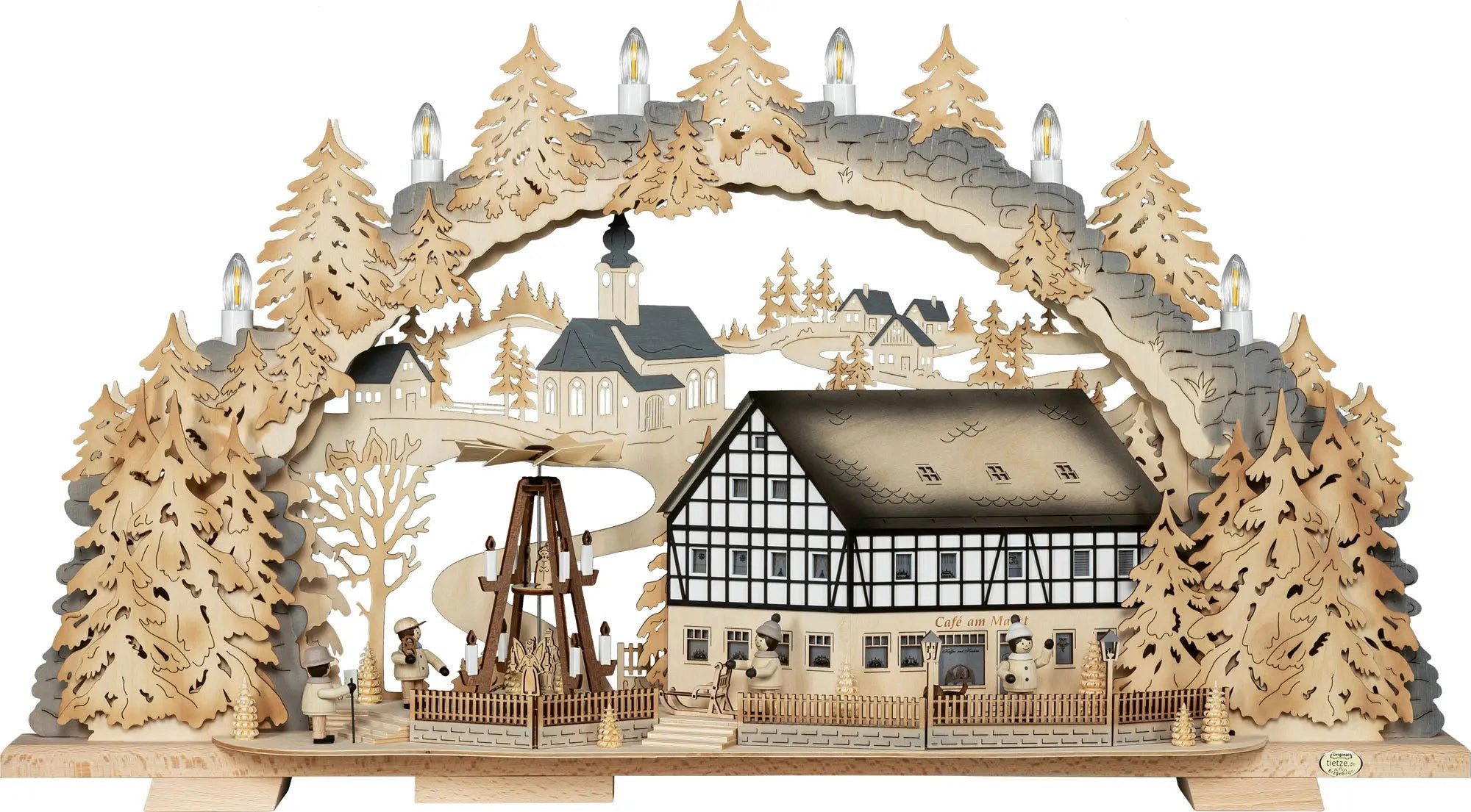 Tietze Erzgebirgsdesign LED Schwibbogen variabel, Cafe am Markt mit Motor exklusiv, 70x39x12,5 cm (BxHxT)