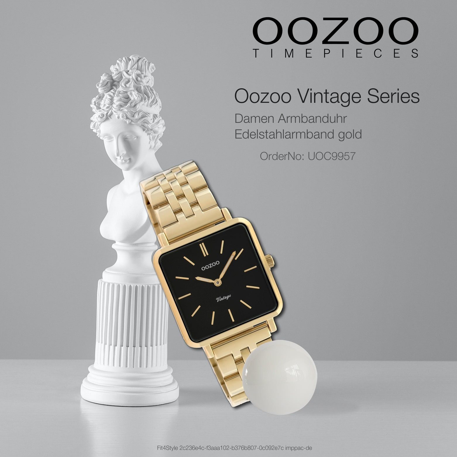 Armbanduhr Oozoo Quarzuhr 29mm) (ca. gold, Damenuhr OOZOO klein Damen Fashion-Style eckig, Edelstahlarmband,