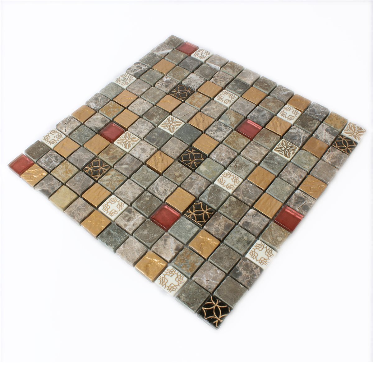Mosafil Mosaikfliesen Mosaikfliesen Glas Naturstein Mix 23x23x8mm, Naturstein-Resin-Glas-Marmor 30.000x30.000, weiß-schwarz-gold-rot-beige-braun, Wasserfest