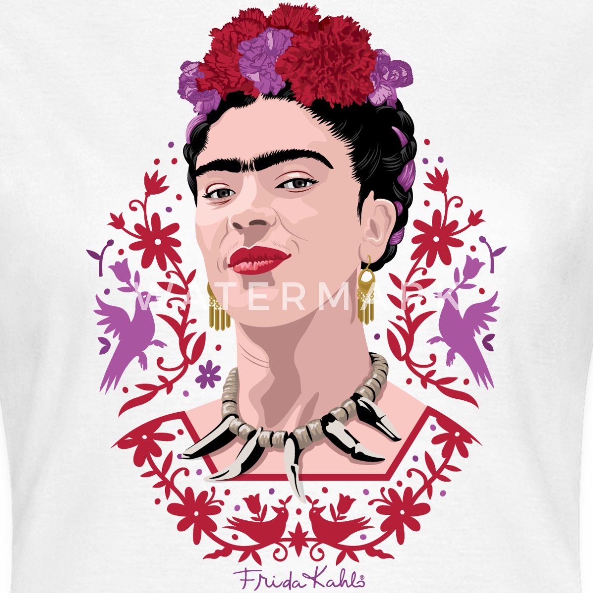 Spreadshirt T-Shirt Frida Kahlo Portrait Mit Blüten Lila Und Rot Frauen T-Shirt (1-tlg) Slim Fit, fällt klein aus