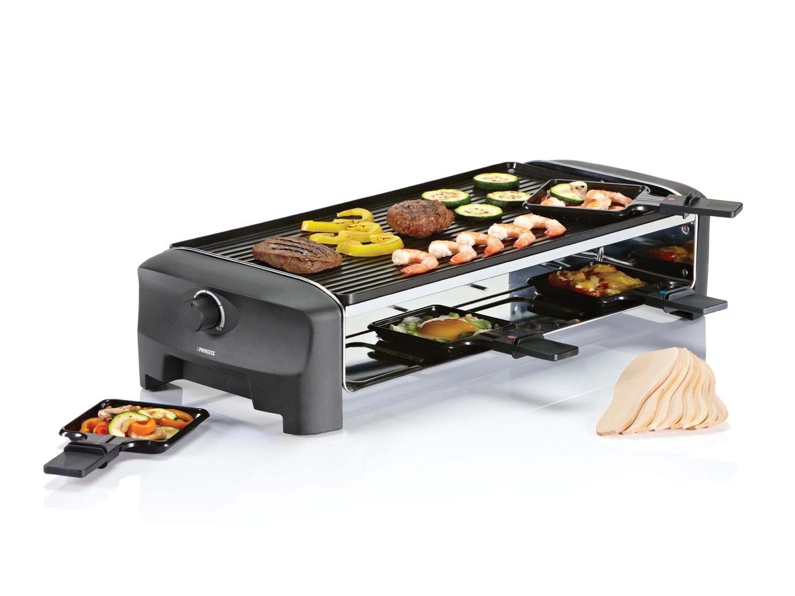PRINCESS Raclette, 8 Raclettepfännchen, 1400 W, großes Raclet Gerät für 2-8 Personen Tisch-Grill wendbare Platte