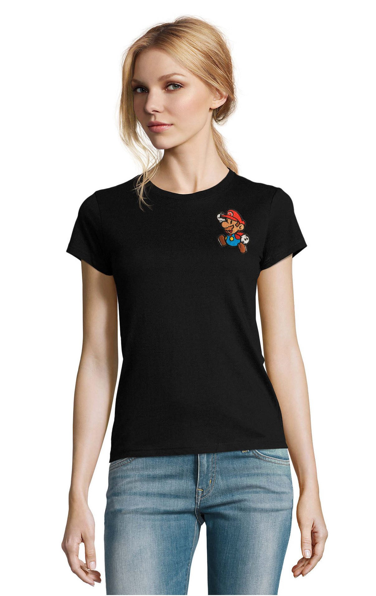 Blondie & Brownie T-Shirt Damen T-Shirt Mario Luigi Patch Rundhals Super Wario Yoshi Peach Damen T-Shirt Retro Super Mario Bros Patch