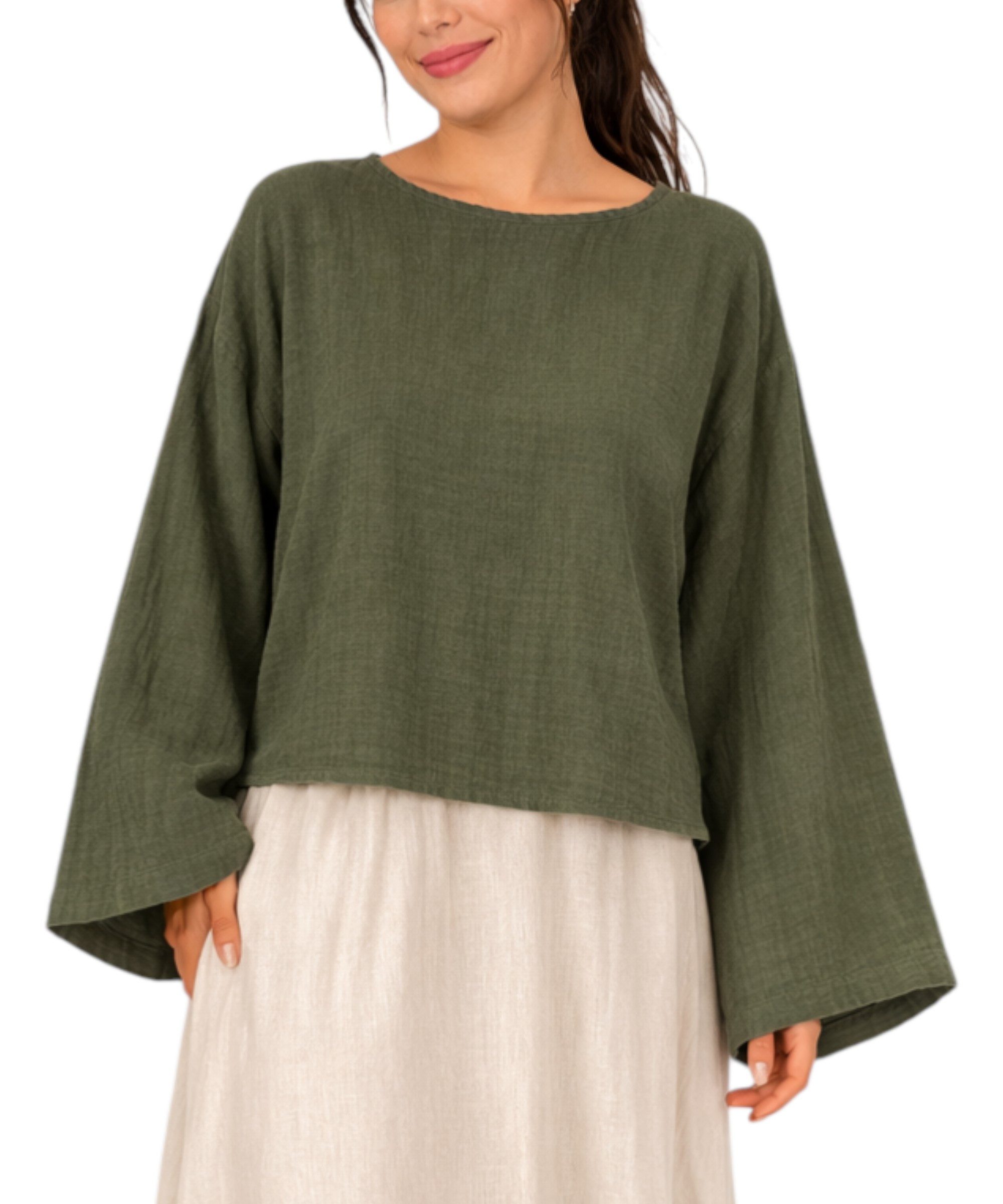 WENOR Schlupfbluse Damen Musselin Einheitsgröße – Oversize Sommerbluse 36-40 weite Fledermausärmel, luftig & locker – Baumwoll-Layering Sommerbluse