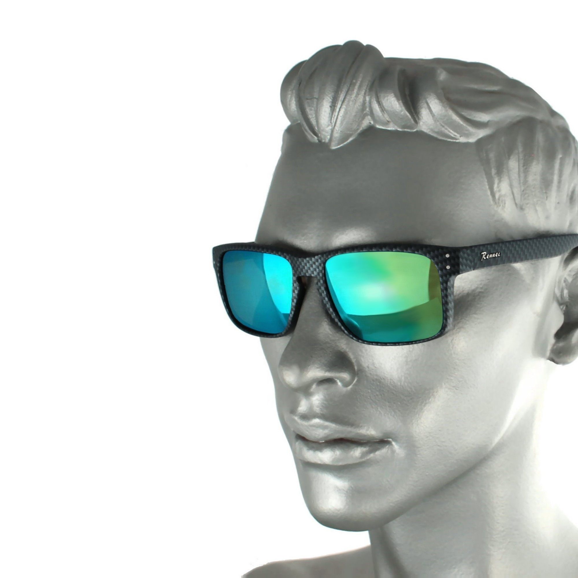 Rennec Sonnenbrille Rechteckig Herren Carbon Look Gläser Türkis Verspiegelt Motorsport Brille mit 3in2 Edelstahlgelenke, Markenschriftzug
