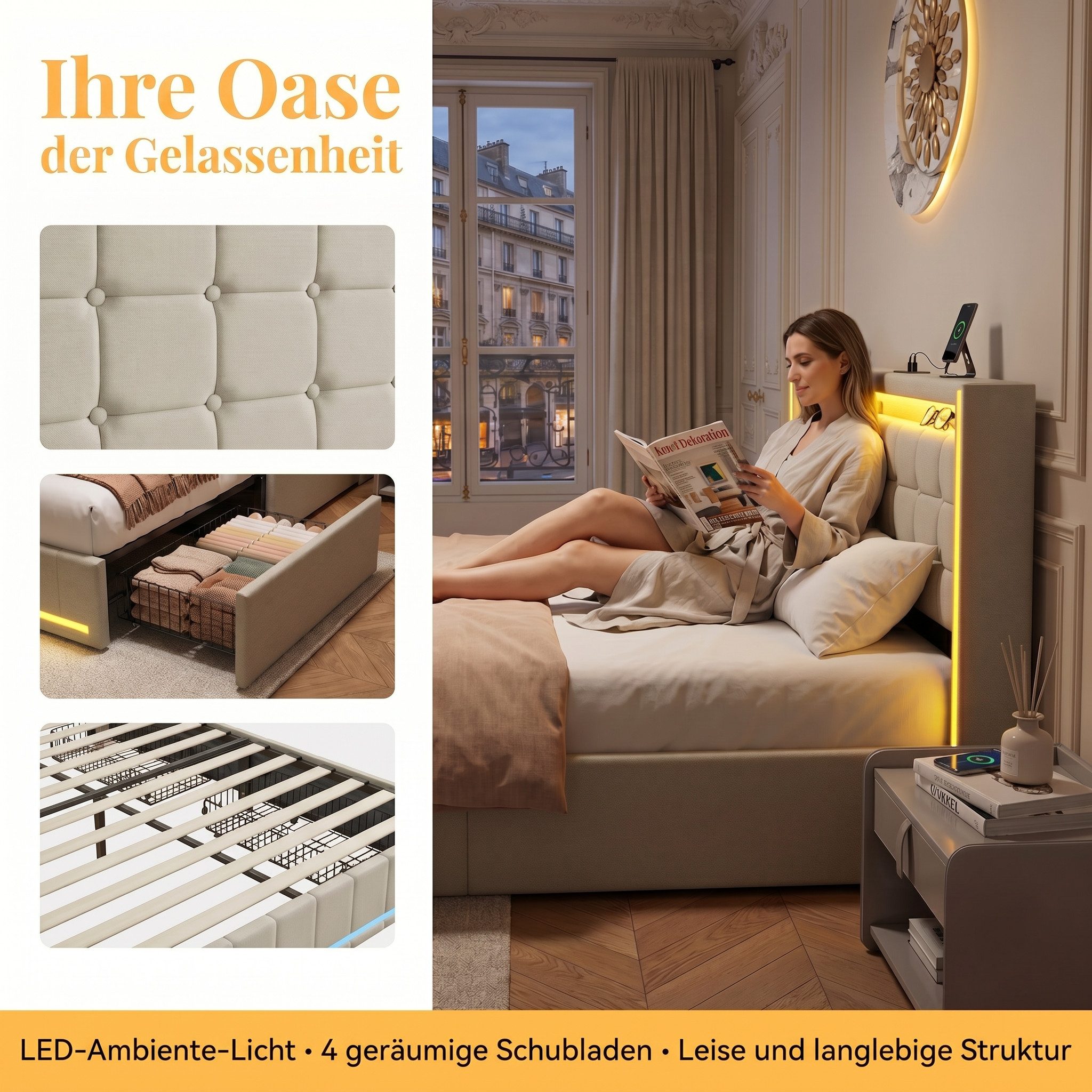Simurq Polsterbett Schubladenbett Bettrahmen Jugendbett mit LED&Ladefunktion (1-tlg., Mit Stauraum,Verstellbare LED Beleuchtung,Lattenrost), Doppelbett Stauraumbett Modern,Linen