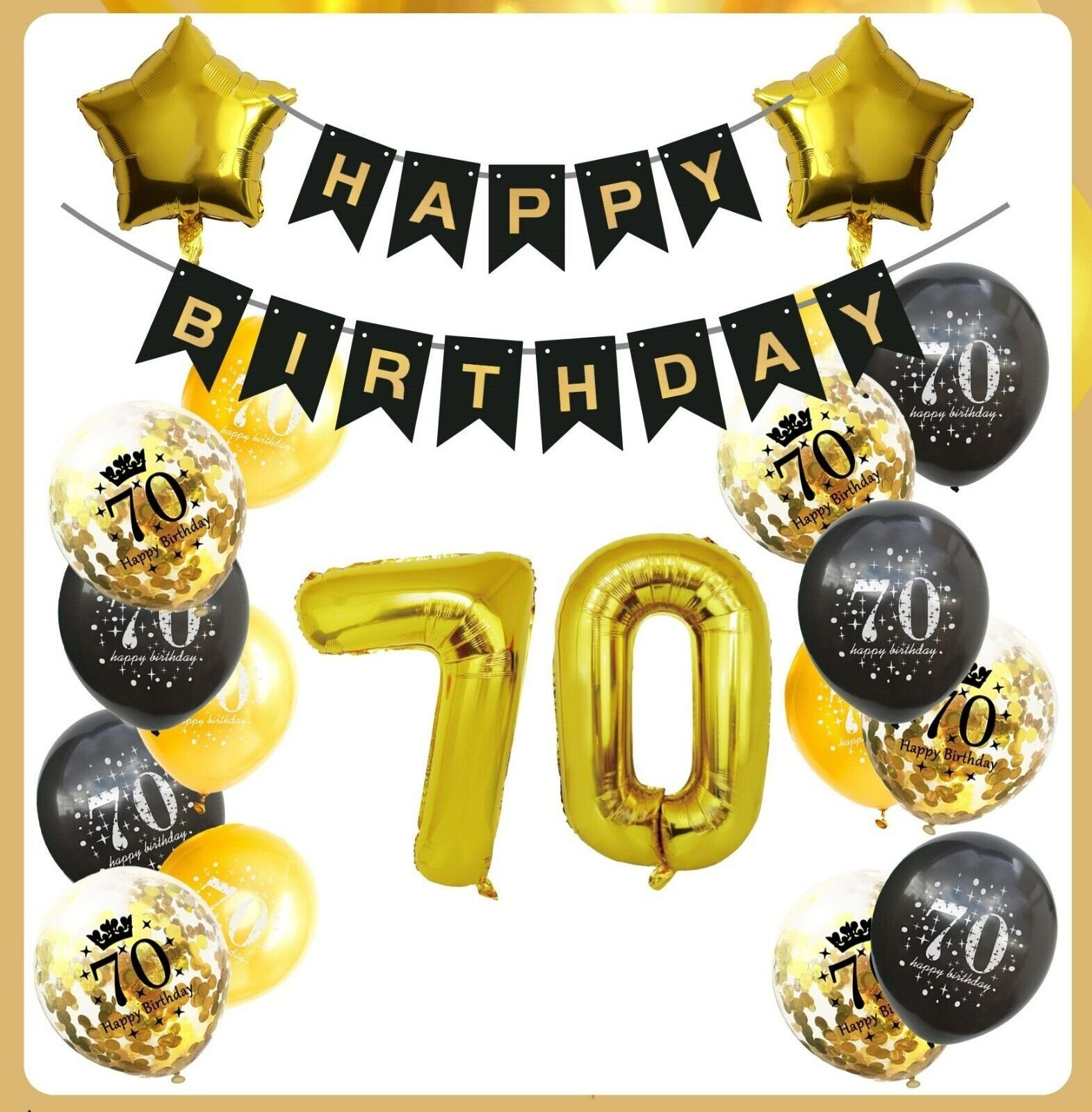 Montegoni Aufblasbares Partyzubehör 70 Geburtstag Deko Set Schwarz Gold, 20  Teilig Set: Girlande, Zahlen, Stern, Konfetti, Latex Ballons