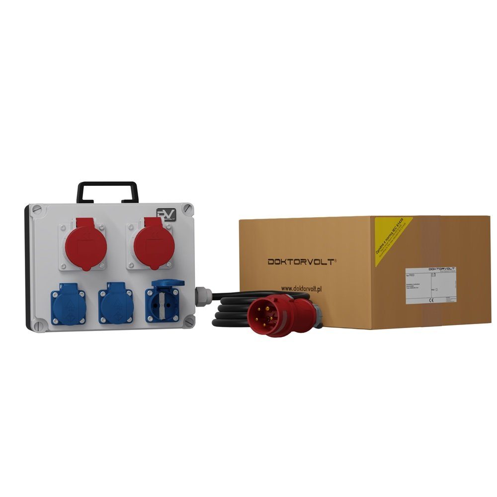 Baustromverteiler Kabel Mennekes-Steckdosen mit Steckdosenverteiler 3x230V ausgestattet mit Doktorvolt 5-fach, 2x16A Stromverteiler und Stecker