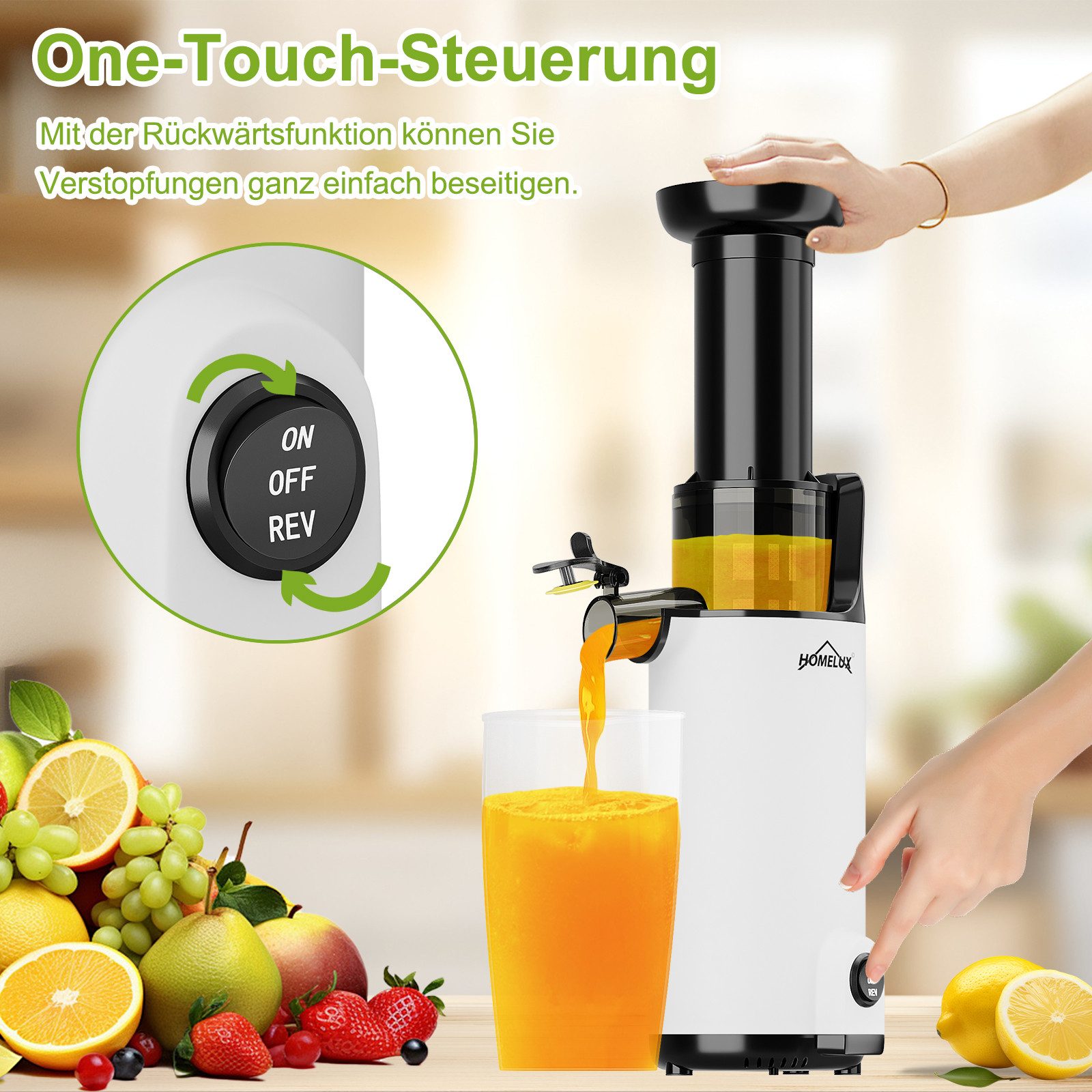 HOMELUX Slow Juicer Kleiner Entsafter Sicherheitsverriegelung, Mini, kompakt, 120 W, Geräuscharm, mit Easy-Clean Konzept, 120 W – Bild 5 von 5