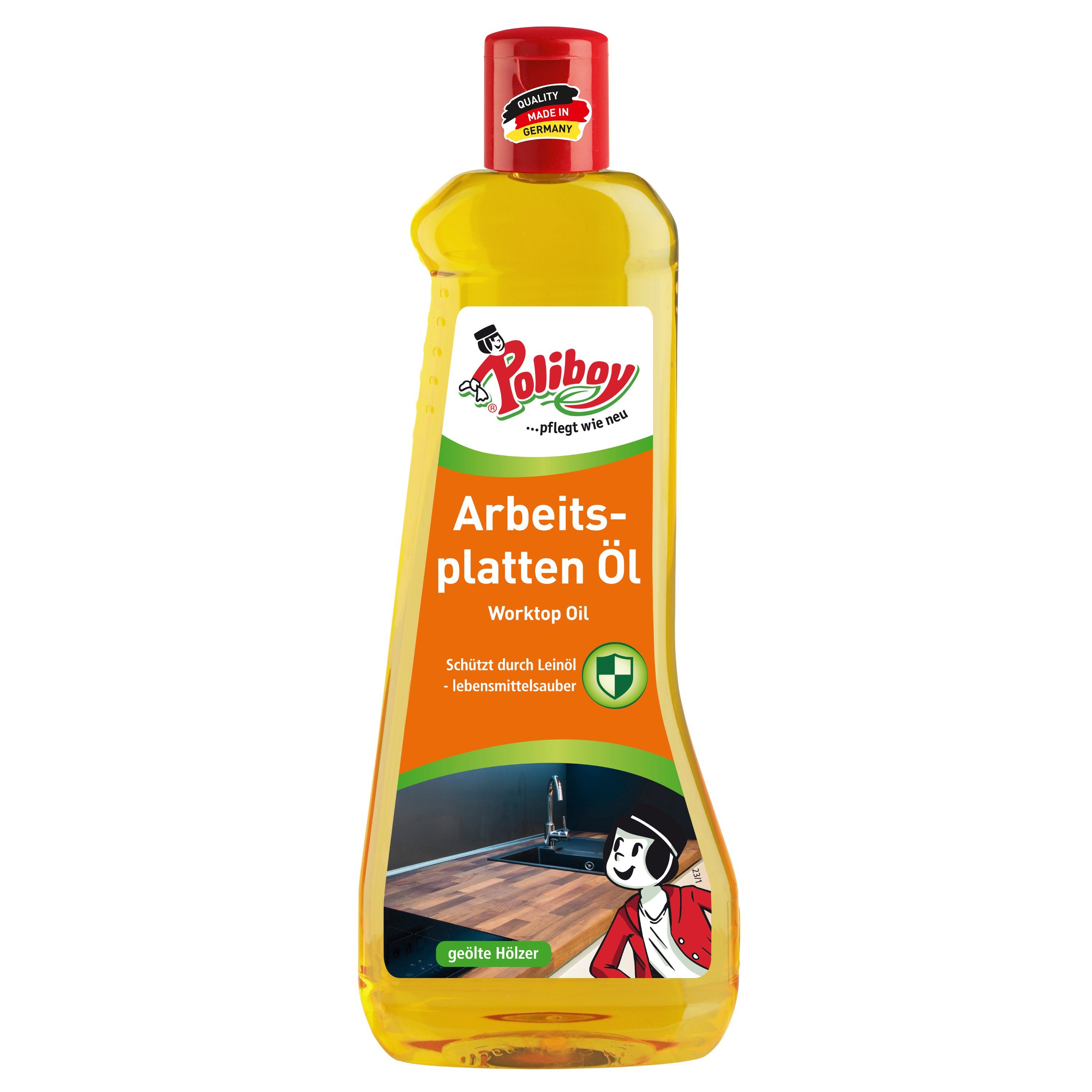 poliboy Arbeitsplatten Öl - 500ml - schützt vor Wasser und Schmutz Holzpflegeöl, für unbehandelte und geölte Hölzer - Made in Germany