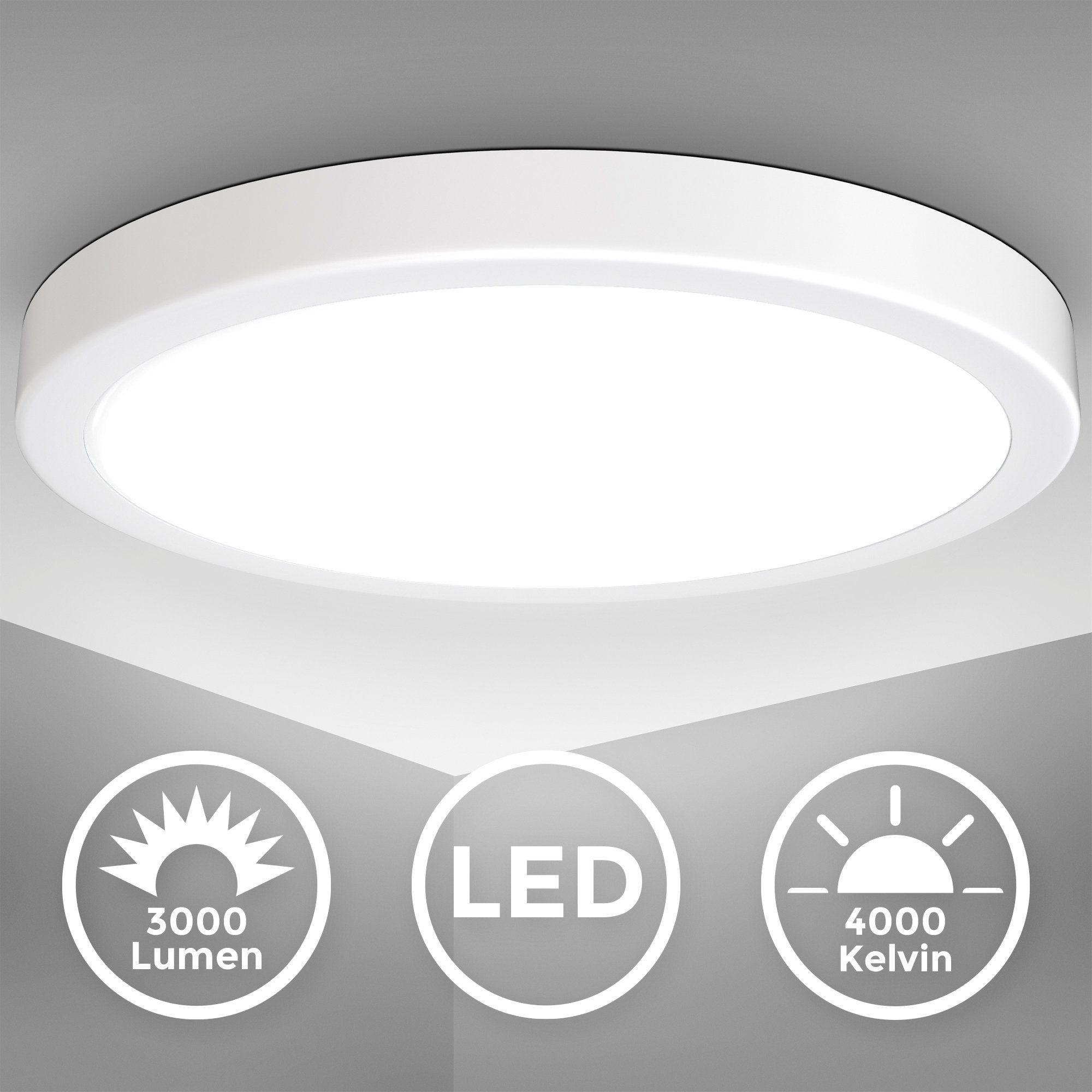 Ø38cm, BK_DL1538 Neutralweißes fest Küchenleuchte Deckenleuchte LED LED 24W, 4.000K Neutralweiß, Lumen, Weiße Licht, integriert, B.K.Licht Deckenlampe, 3.000 LED