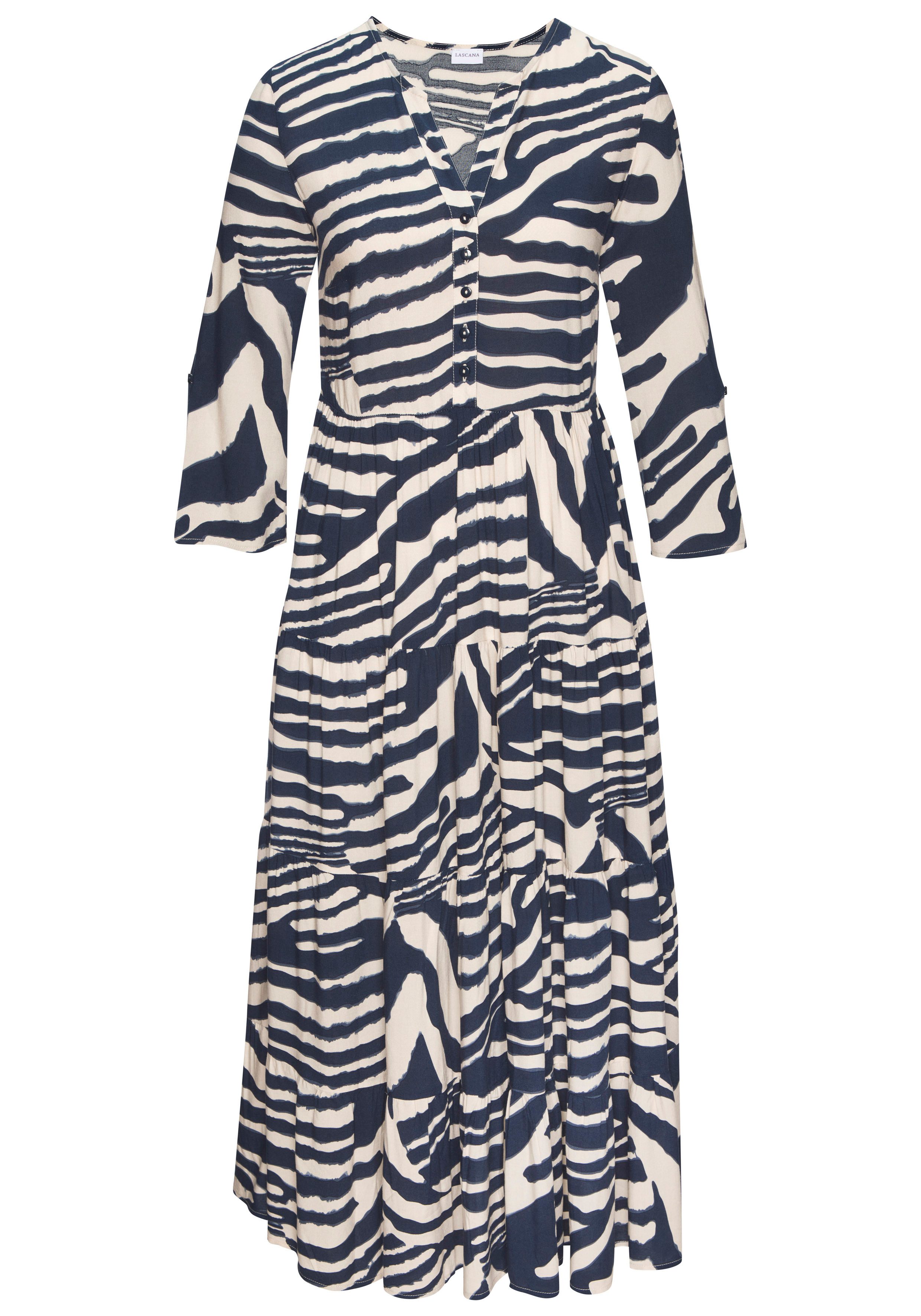 LASCANA Maxikleid mit Animalprint und kurzer Knopfleiste aus Webware, 3/4-Ärmel Sommerkleid in lockerer Passform, Kaftankleid mit weitem Rockteil – Bild 2 von 5