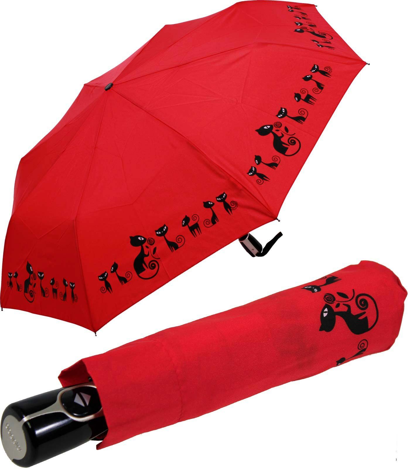doppler® Taschenregenschirm Damen Auf-Zu-Automatik Magic Fiber - Cats, für Katzen-Liebhaber - elegant, stabil und praktisch rot