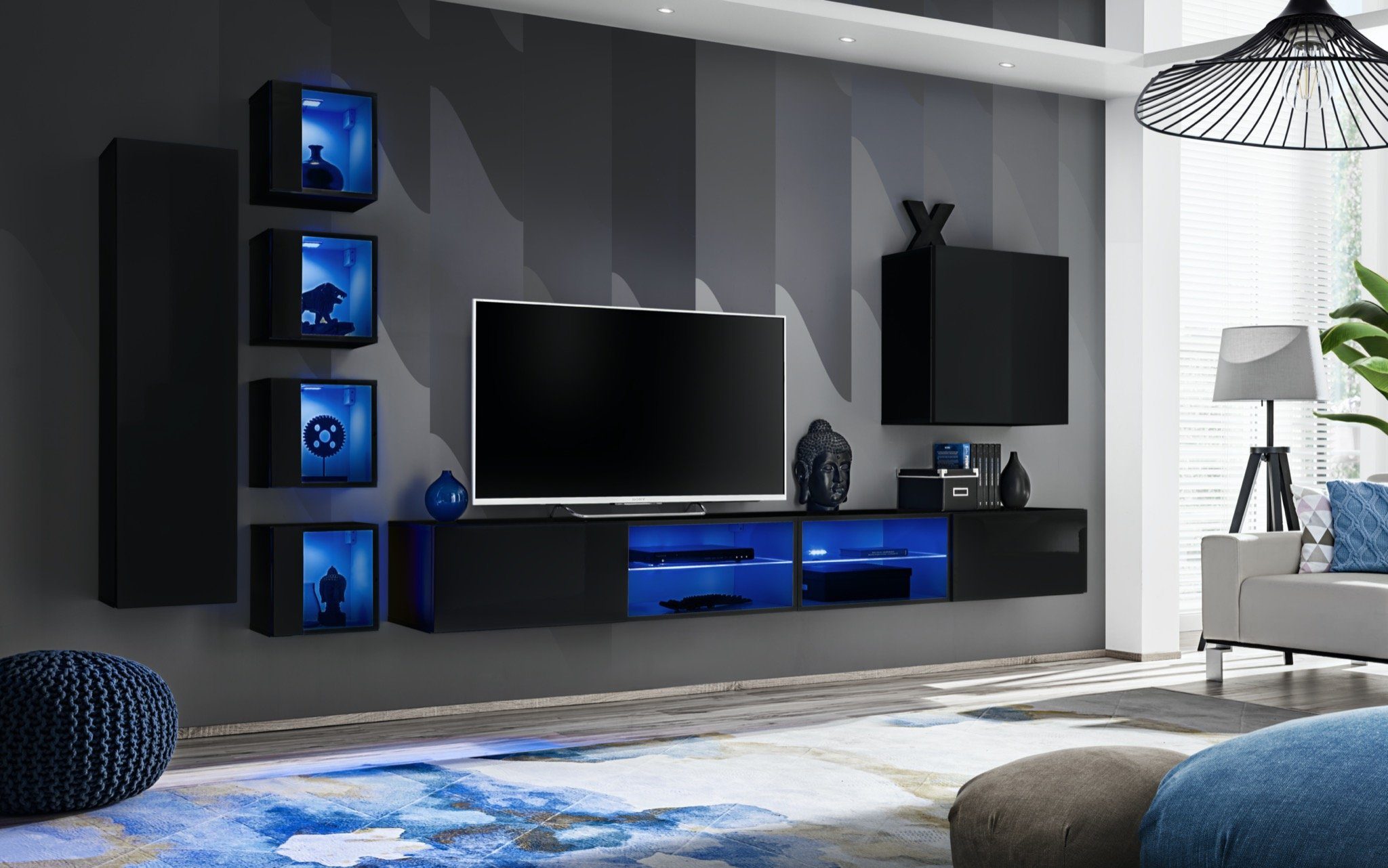 TV (8-St., 6x Wandschrank Designer Holzmöbel Garnitur Wandschrank), JVmoebel LED Modern Ständer TV Set 2x Ständer, beleuchtet + Wohnwand Wohnwand