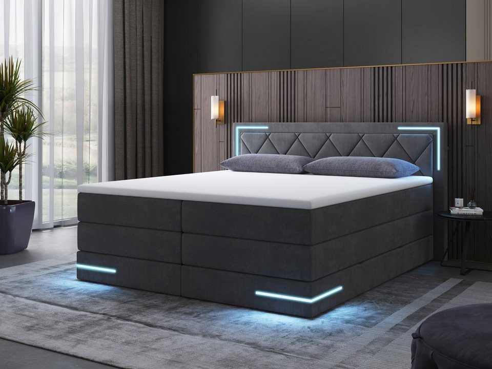 Boxspringbett 140x200 Mit Bettkasten Und Led wonello Boxspringbett Arizona, mit LED Beleuchtung und Topper