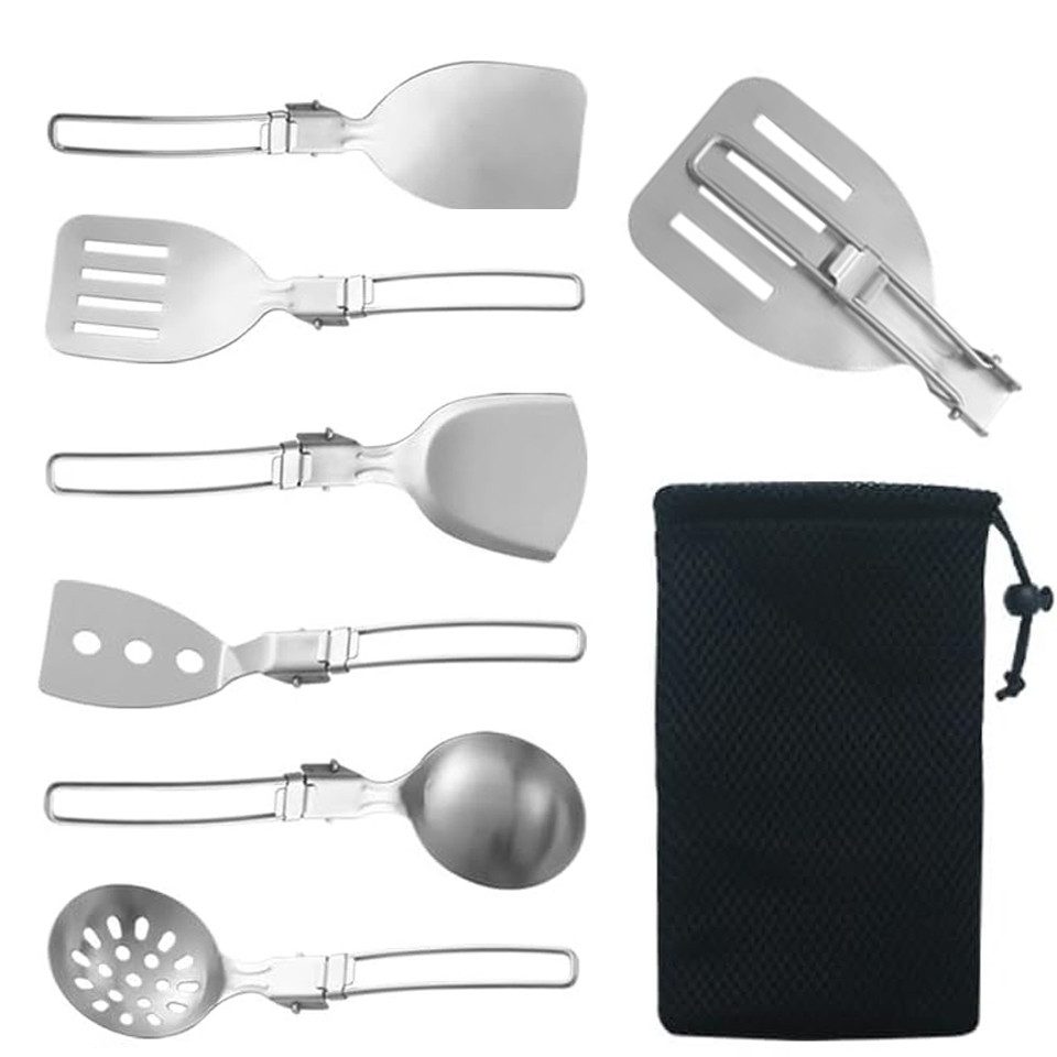 Rhein Beleuchtung Kochbesteck-Set Tragbares Küchengeschirr aus Edelstahl 304 (6er-Set) (6-tlg., Geeignet für Picknicks und Camping im Freien), Faltbar, mit Хранилищаstasche, multifunktional