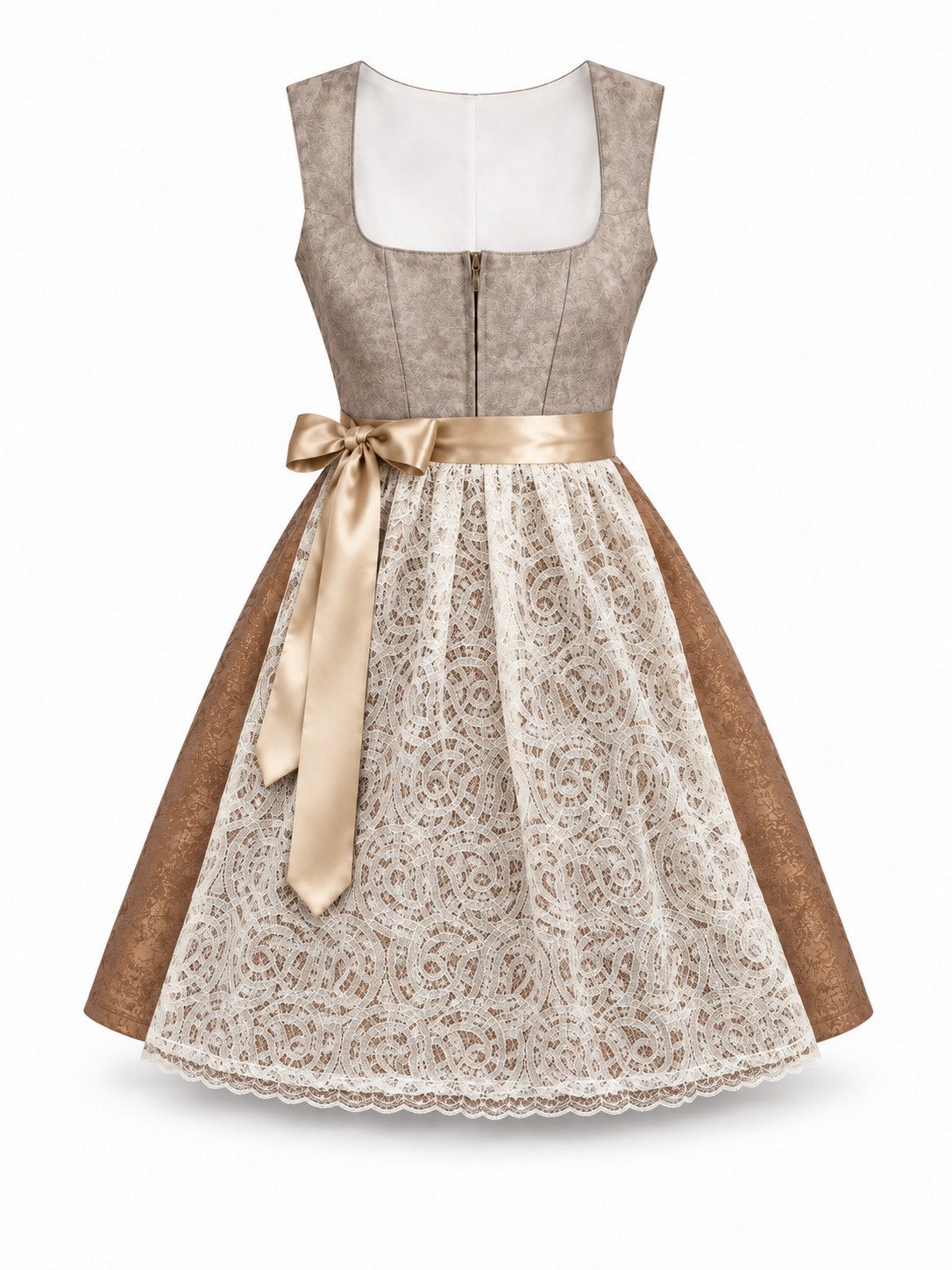 CMRBALL Dirndl Damen Dirndl in Taupe-Braun mit Spitzenschürze und Satinschleife (Set, Dirndlkleid mit Spitzenschürze und Satinband) Spitzenschürze, Satinschleife und Frontreißverschluss