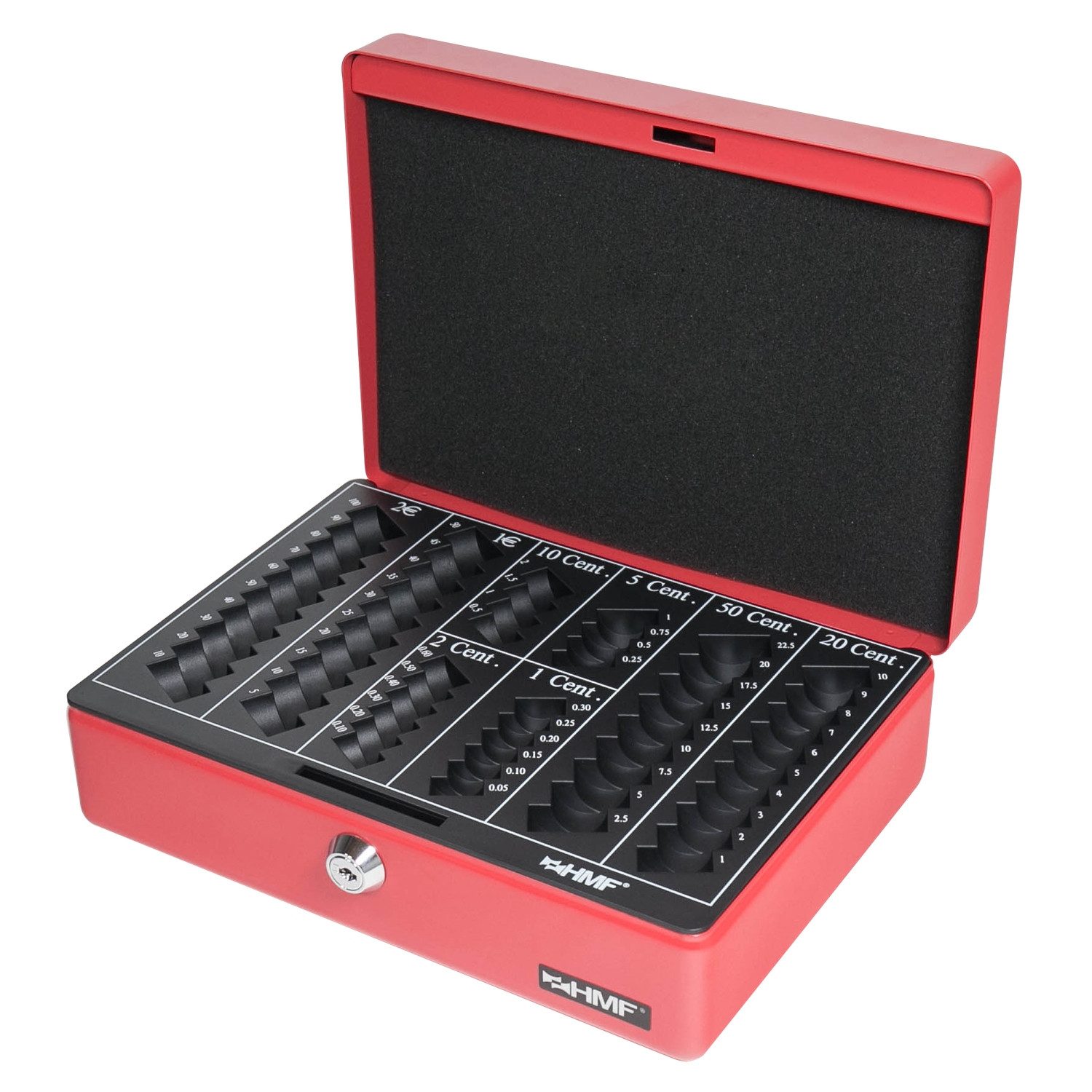 HMF Geldkassette Abschließbare Bargeldkasse mit Euro-Münzzählbrett, hochwertige Geldbox mit Schlüssel, 25 x 18 x 9 cm, rot