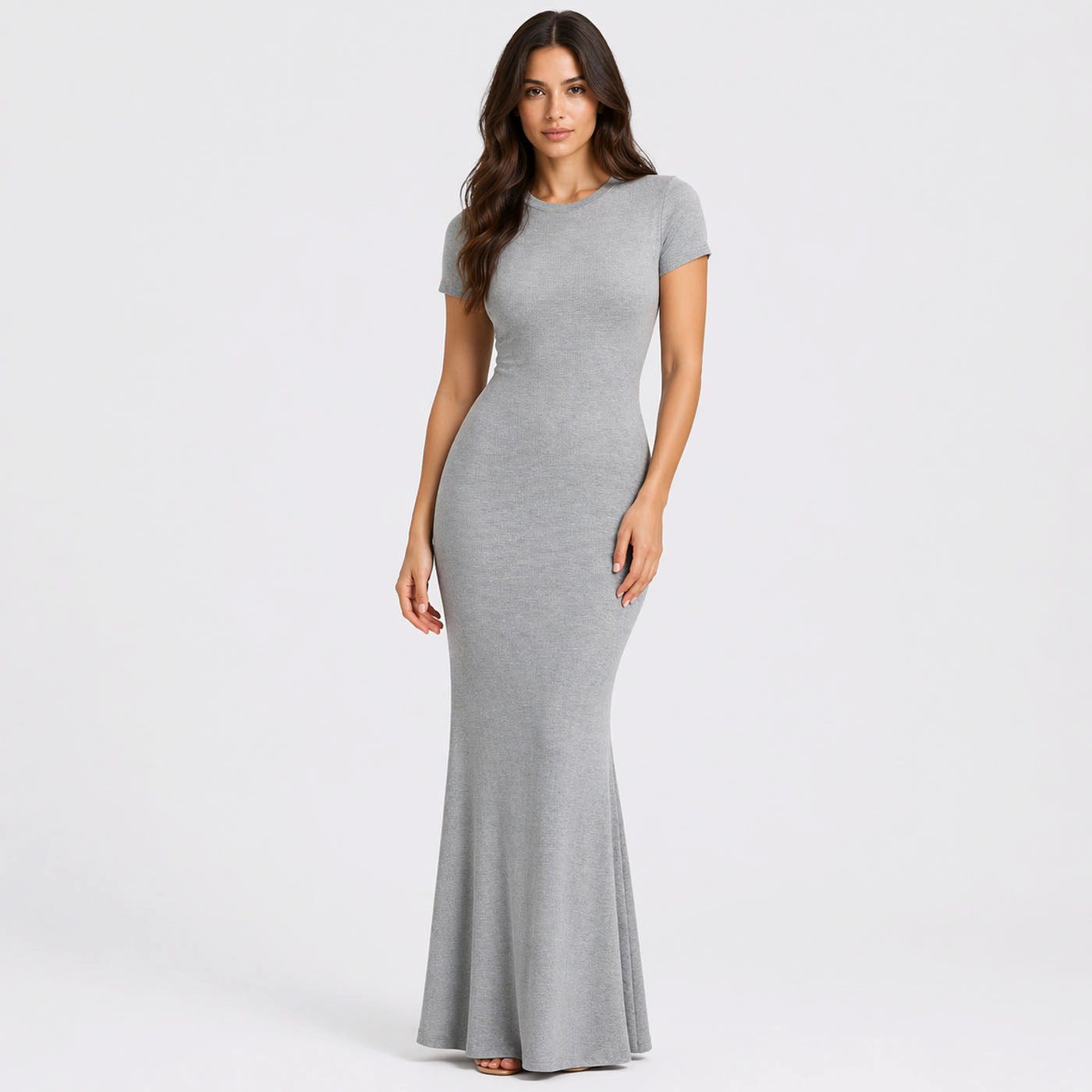 cfab (creamy fabrics) Jerseykleid Ribbed T-Shirt Maxikleid-Grey Melange-XL (1-tlg)