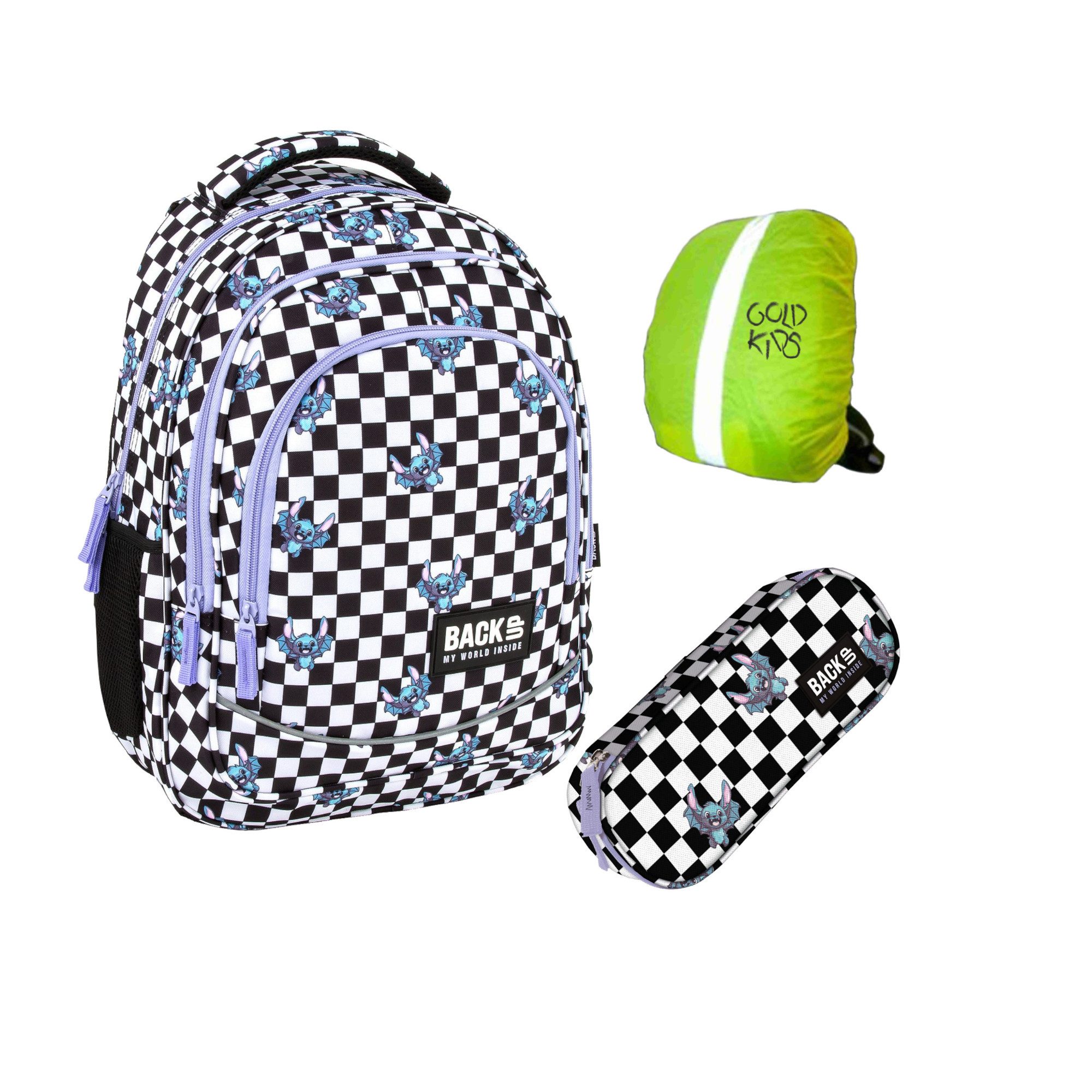 GOLDKIDS Schulranzen für Jungen und Mädchen, 3er-Set - (Schul-Rucksack für, Kinder mit Schlampermäppchen), Regenschutz - Schachbrettmuster