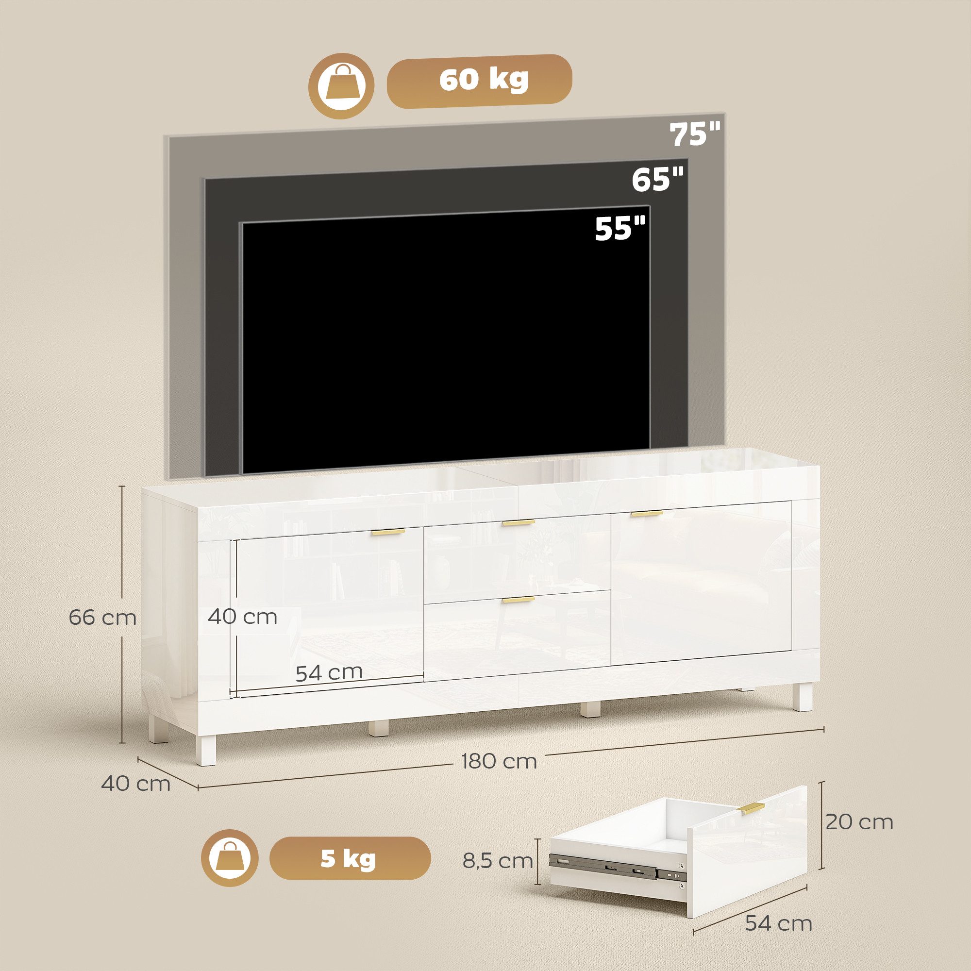 HOMCOM Lowboard TV-Schrank für Fernseher bis 75 Zoll 180x40x66 cm Soft-Close-Türen (Hochglanz Fernsehtisch, 1 St., TV-Bank), für Wohnzimmer Schlafzimmer Hochglanz Weiß
