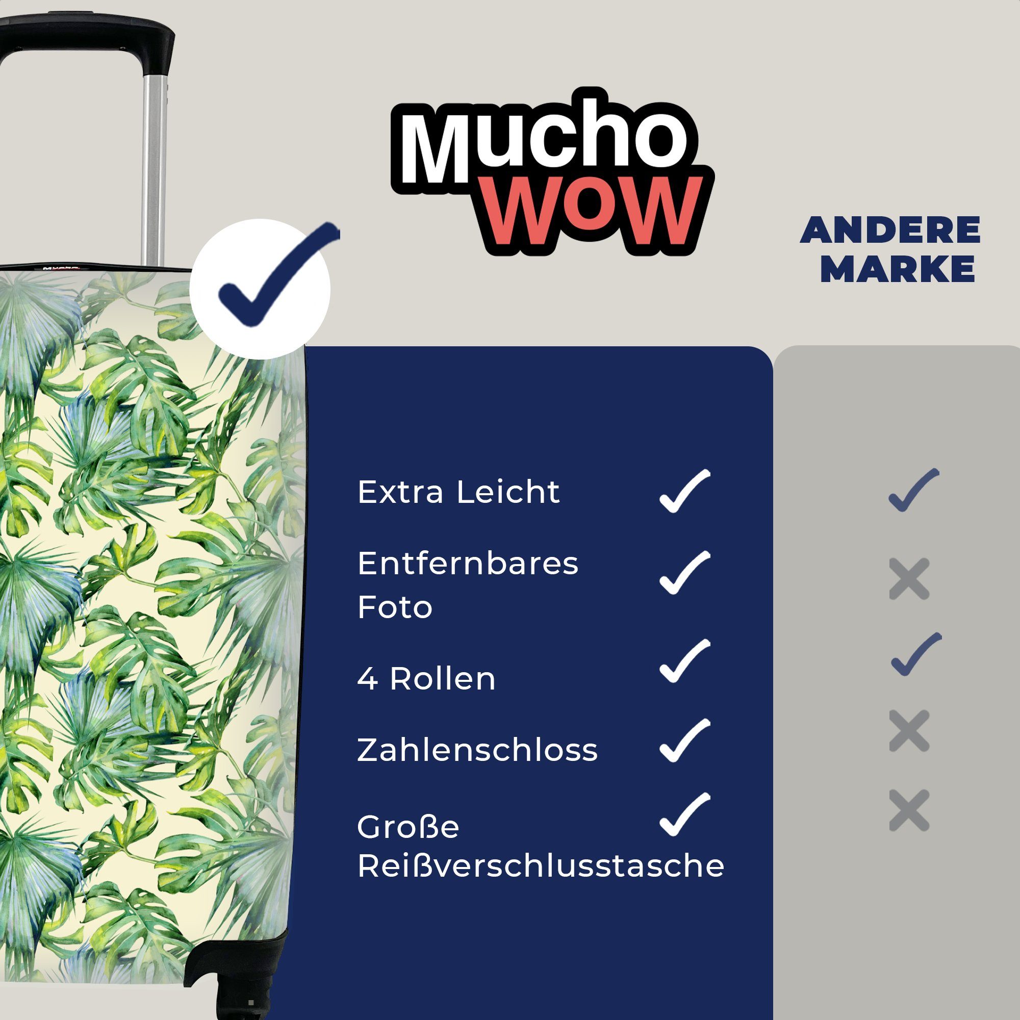 Reisekoffer Muster Reisetasche mit Handgepäck Rollen, - MuchoWow - Trolley, rollen, 4 für Jahrgang Monstera, Ferien, Handgepäckkoffer