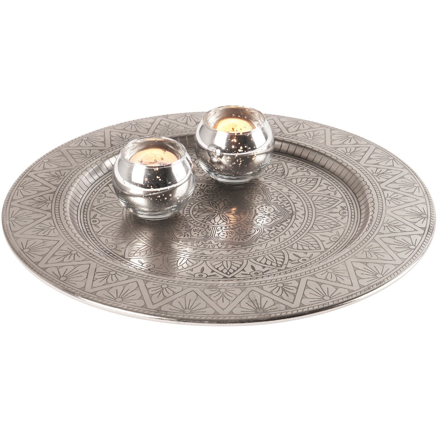 Marrakesch Orient & Mediterran Interior Dekotablett Rundes Orient-Serviertablett Manar handverziert aus Metall Silber 35cm (1 St), Handarbeit