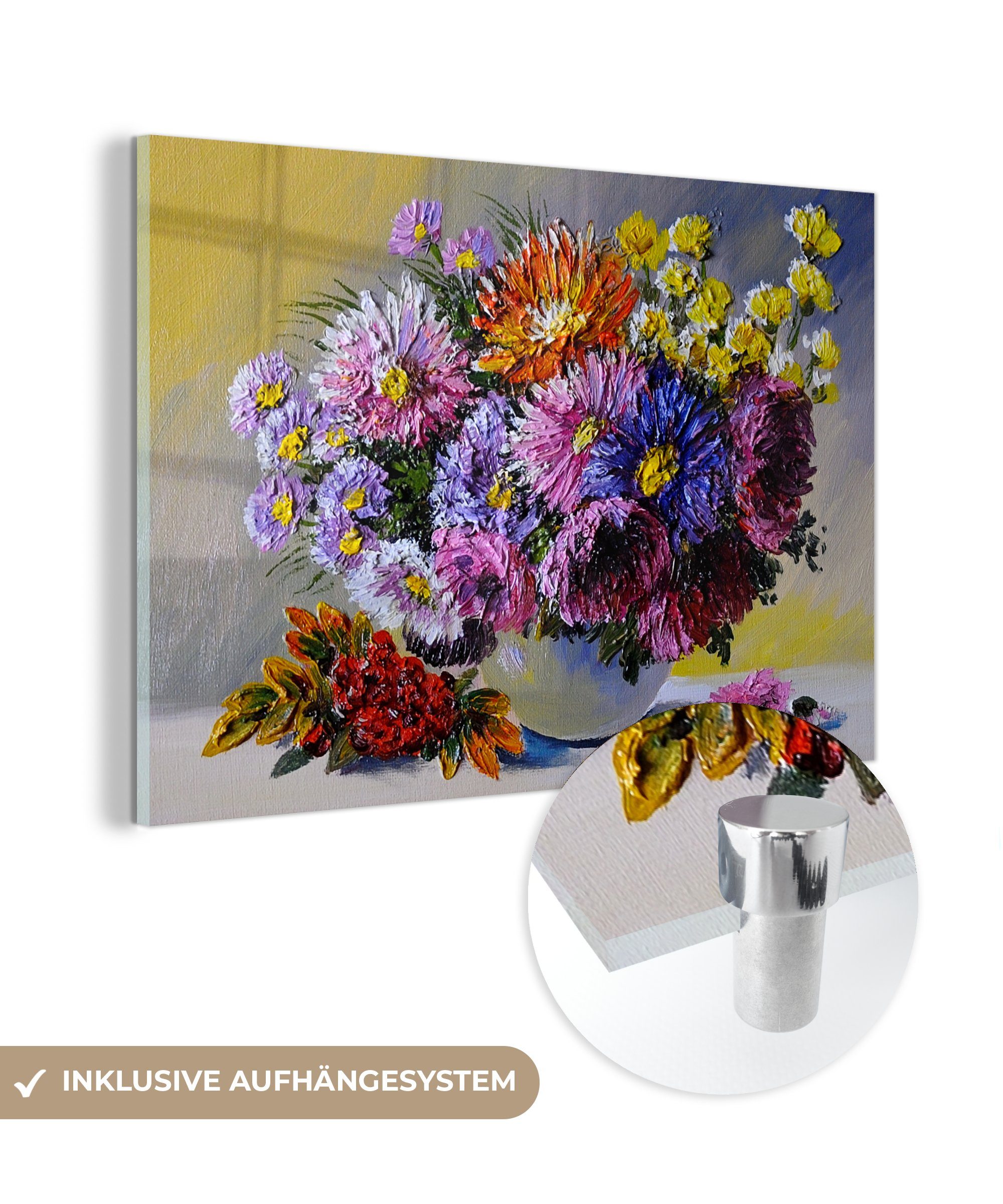 MuchoWow Acrylglasbild Ölfarbe - Blumen - Stilleben, (1 St), Glasbilder - Bilder auf Glas Wandbild - Foto auf Glas - Wanddekoration