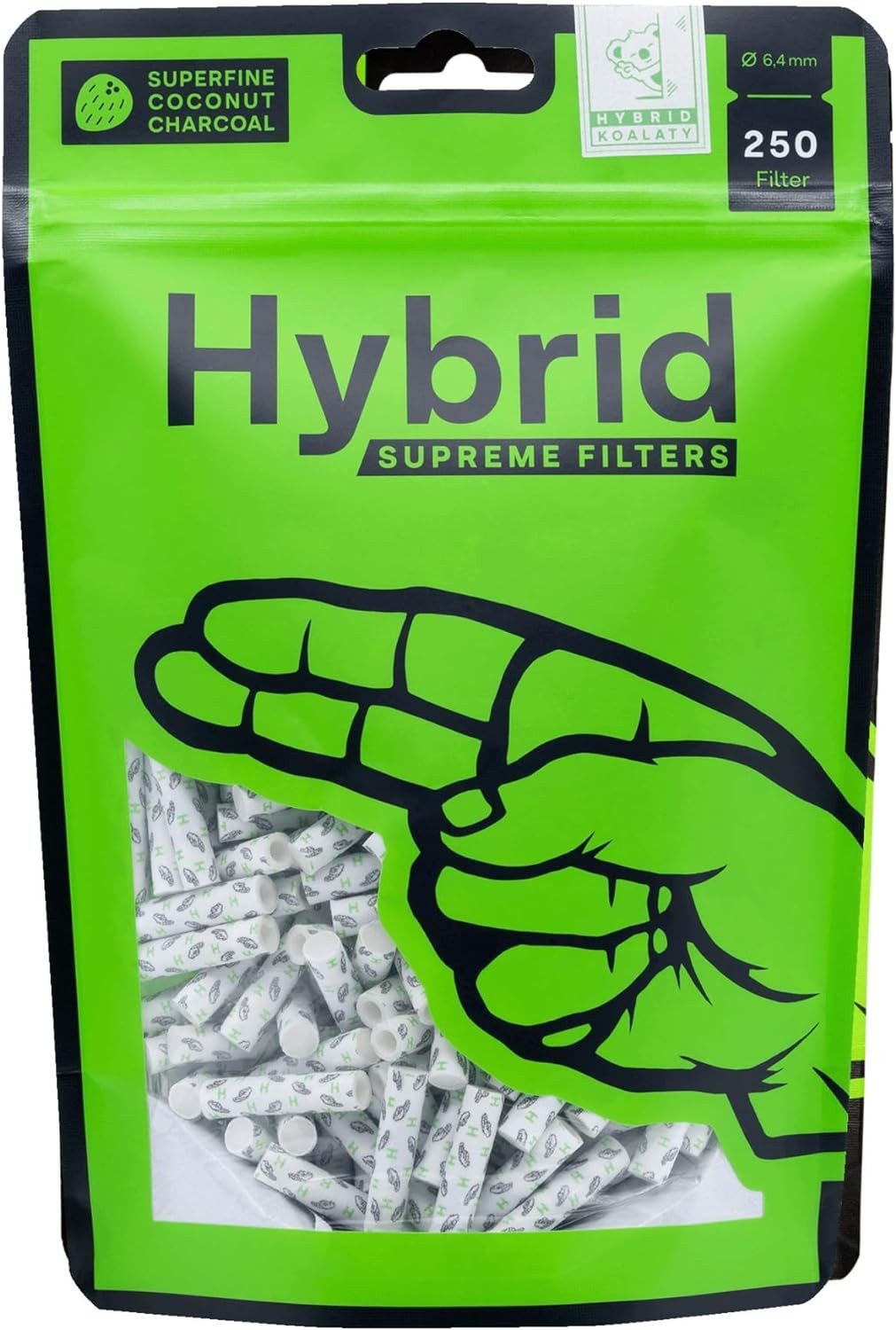Hybrid Supreme Filters Aktivkohlefilter Hybrid Slimfilter 250er Stück weiß inkl. Zündhölzer & Jointhülle, Zubehör für 6,4mm Durchmesser, 30mm lang, halb Zellstoff halb Aktivkohle